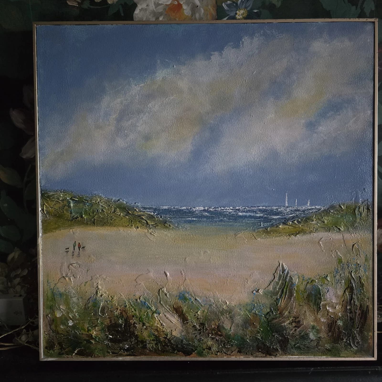 Acrylic Painting Large Sunny Coastal Landscape Boats Sailing Framed thumbnail 2