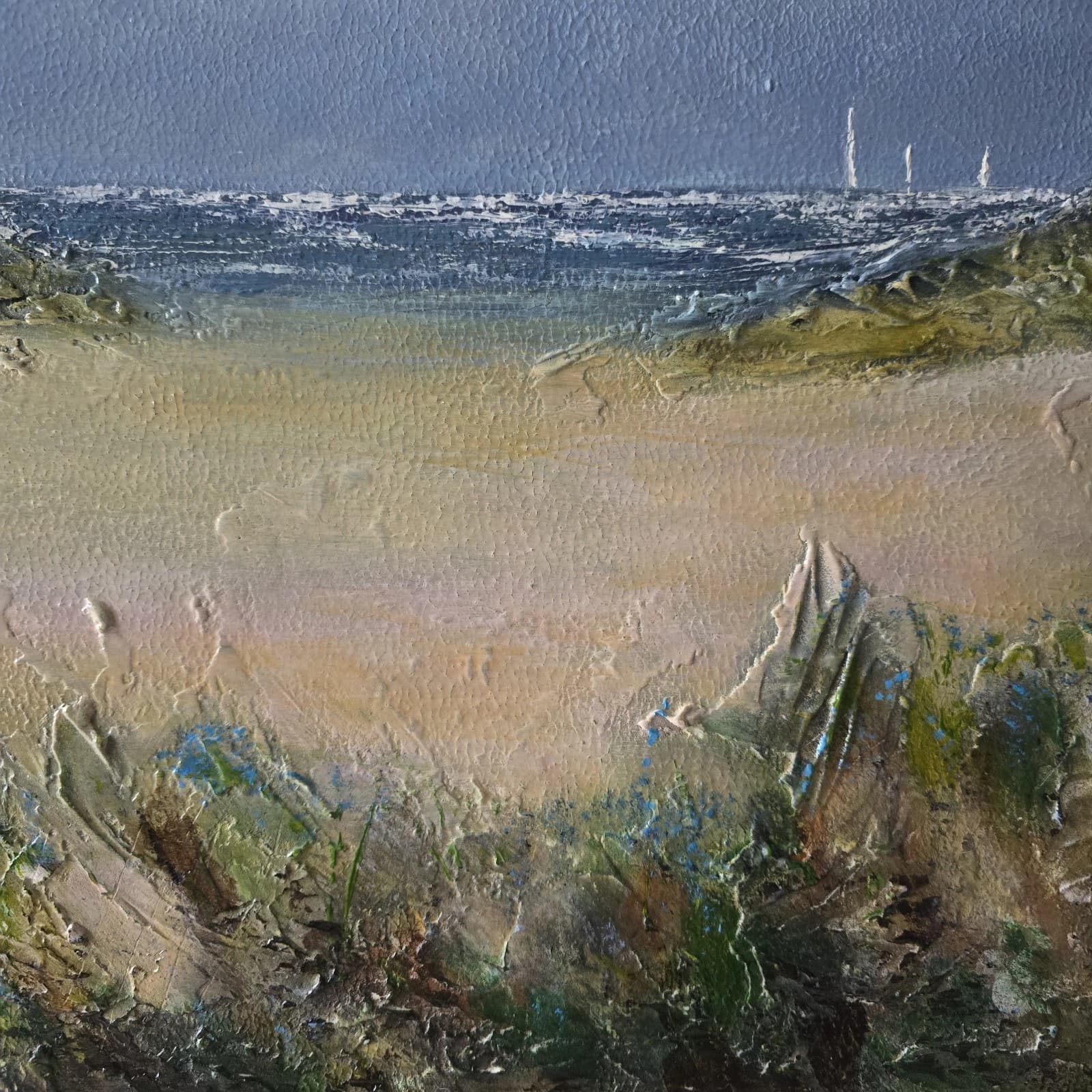 Acrylic Painting Large Sunny Coastal Landscape Boats Sailing Framed thumbnail 11