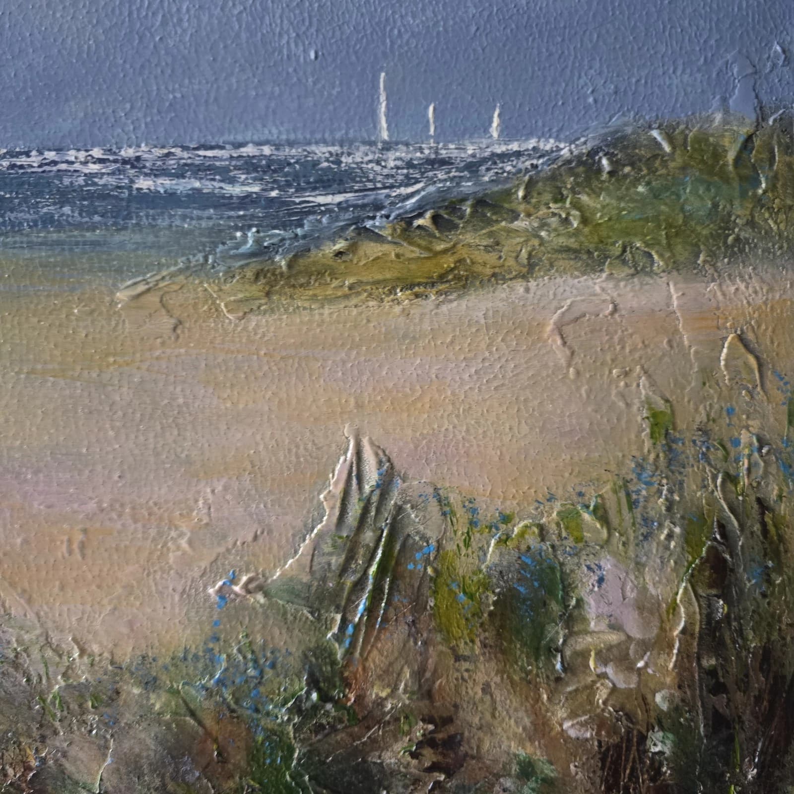 Acrylic Painting Large Sunny Coastal Landscape Boats Sailing Framed thumbnail 12