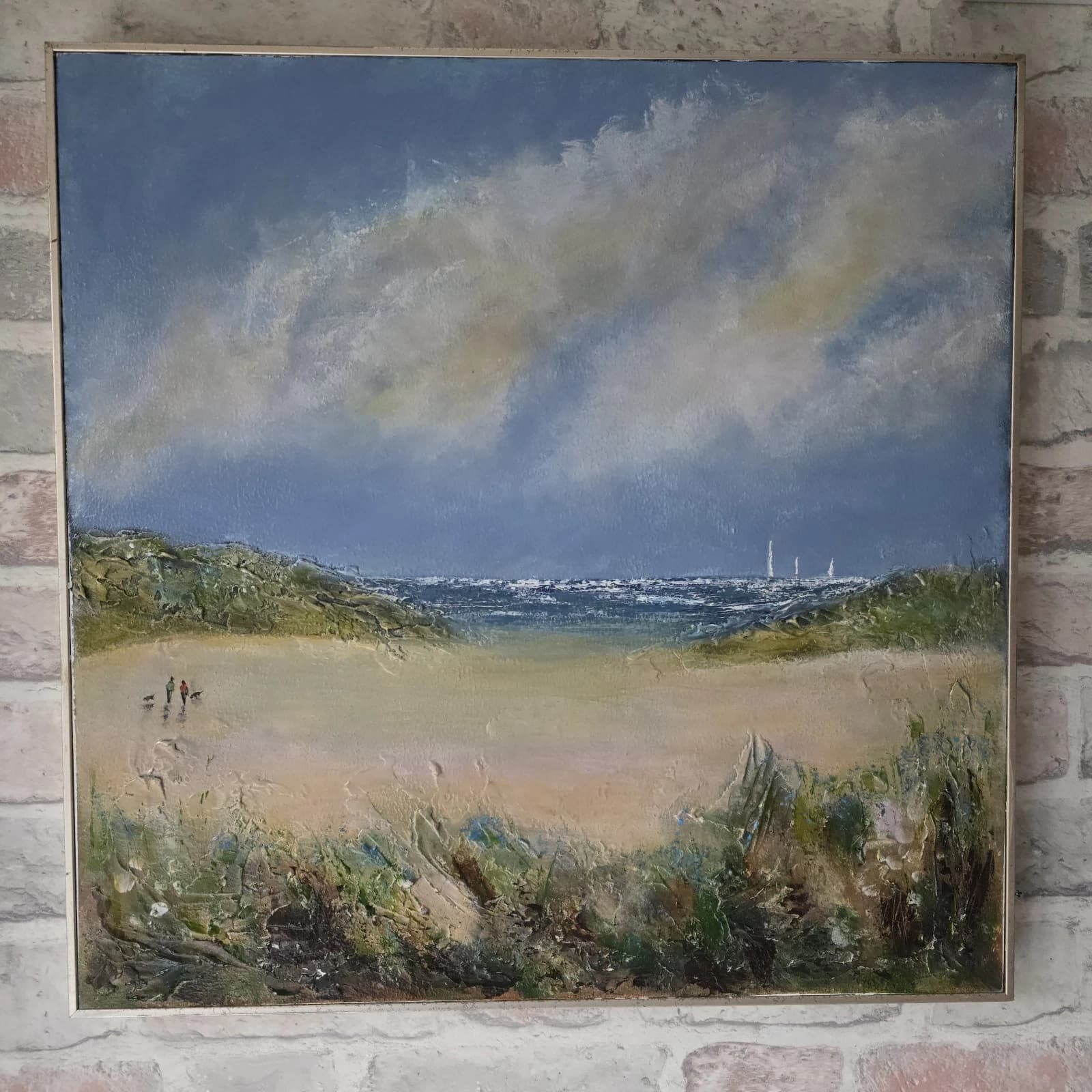 Acrylic Painting Large Sunny Coastal Landscape Boats Sailing Framed thumbnail 14