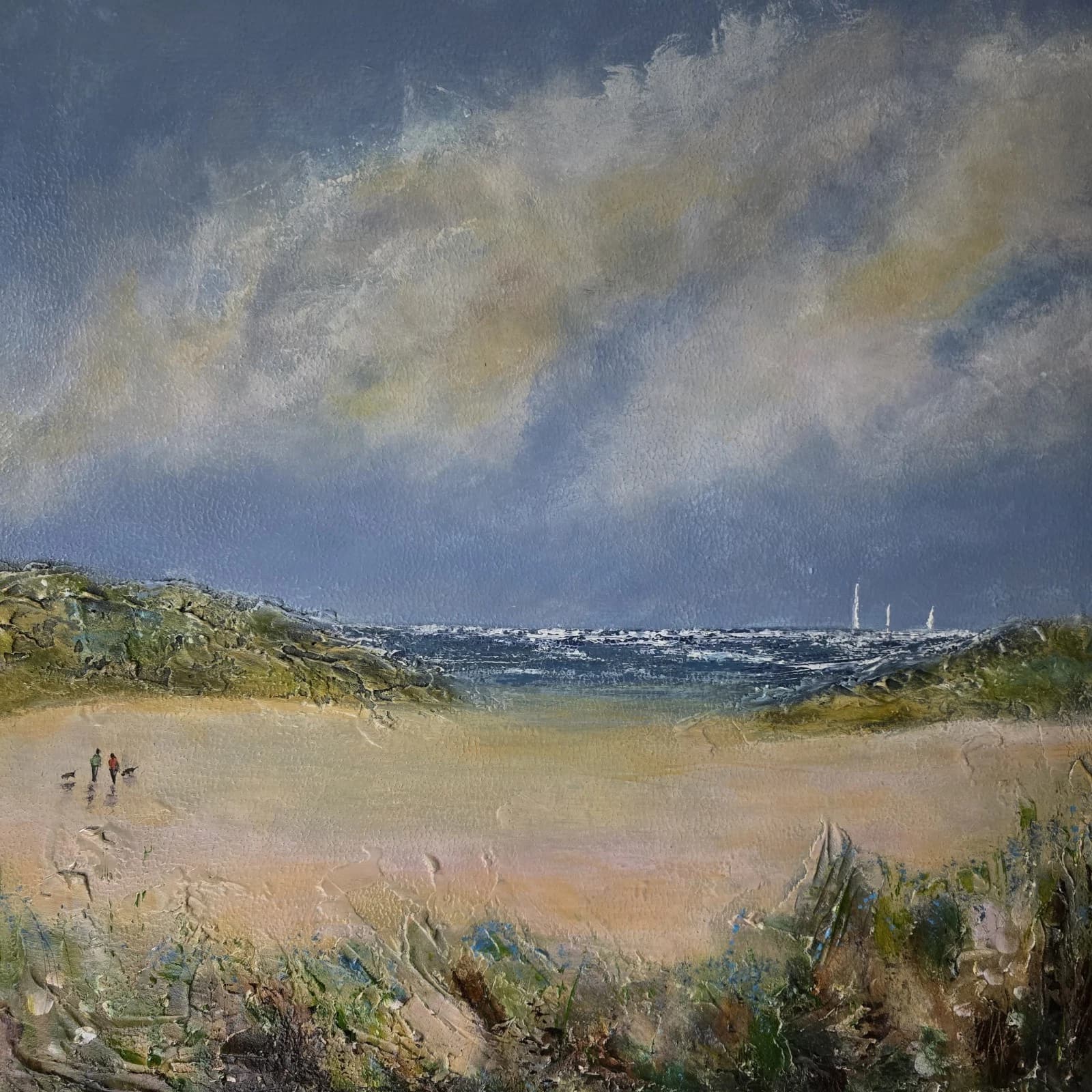 Acrylic Painting Large Sunny Coastal Landscape Boats Sailing Framed thumbnail 16