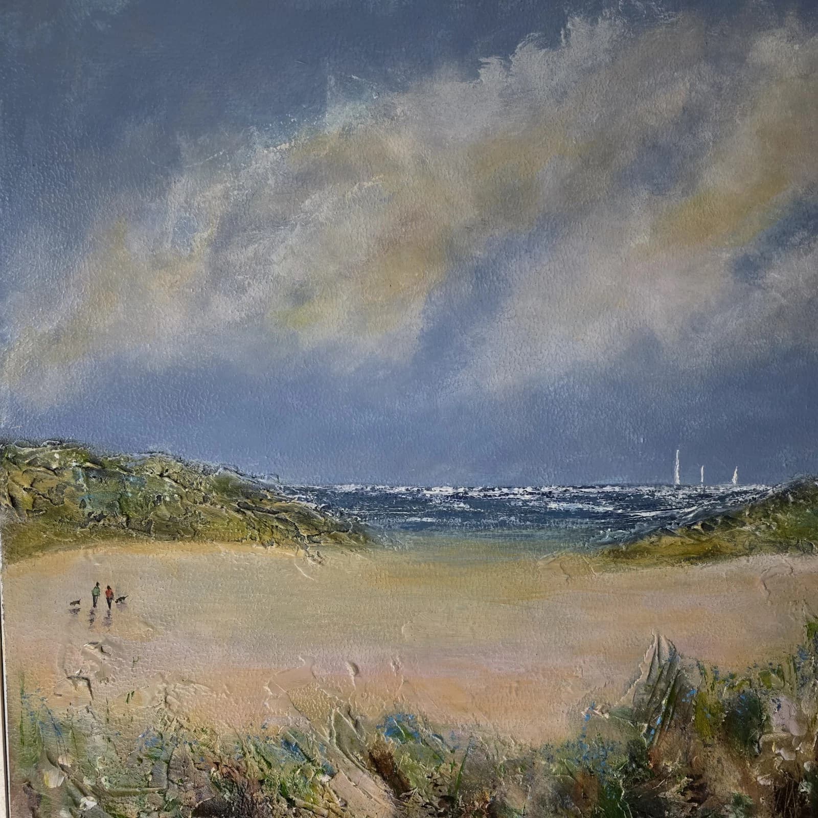 Acrylic Painting Large Sunny Coastal Landscape Boats Sailing Framed thumbnail 17