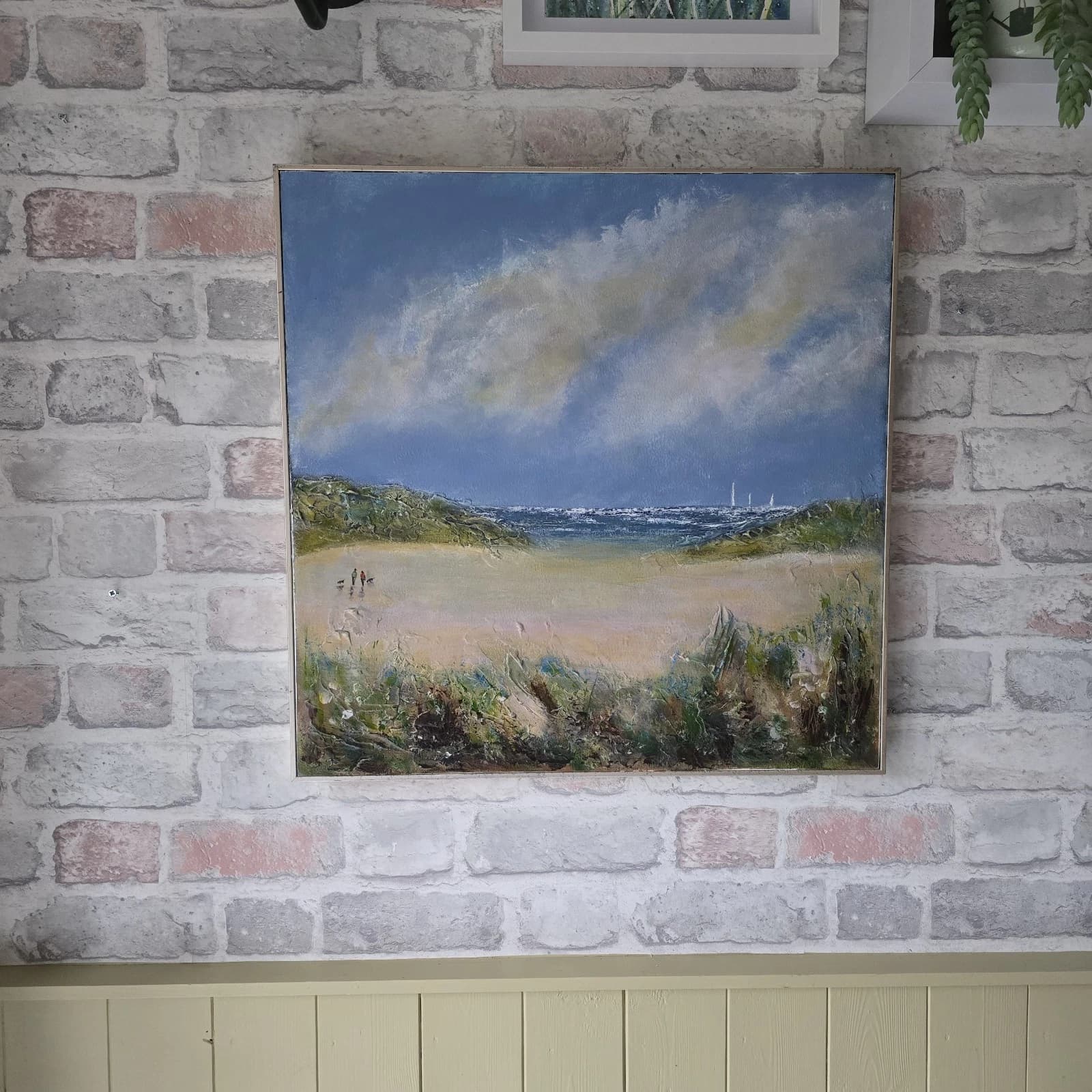 Acrylic Painting Large Sunny Coastal Landscape Boats Sailing Framed thumbnail 3