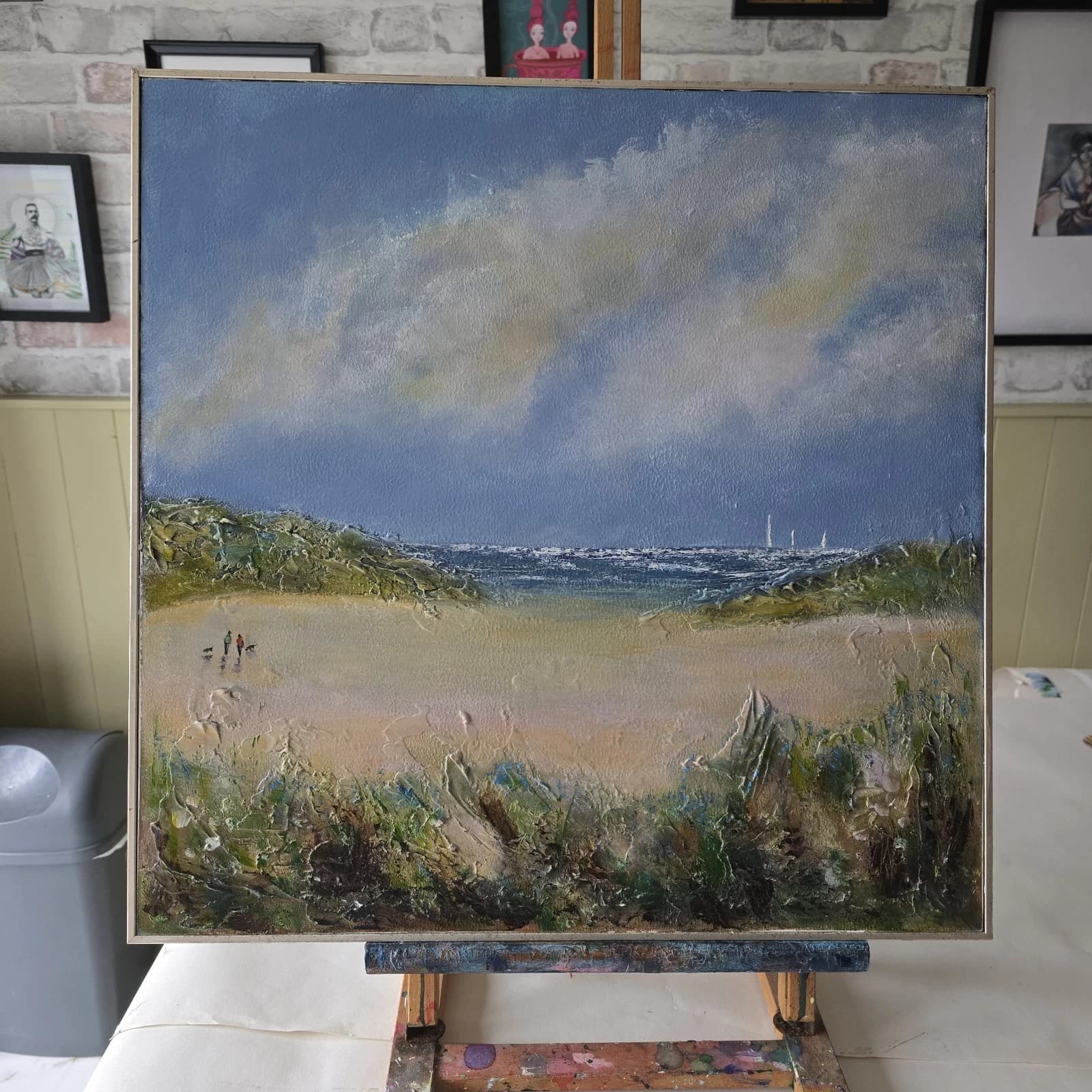 Acrylic Painting Large Sunny Coastal Landscape Boats Sailing Framed thumbnail 4