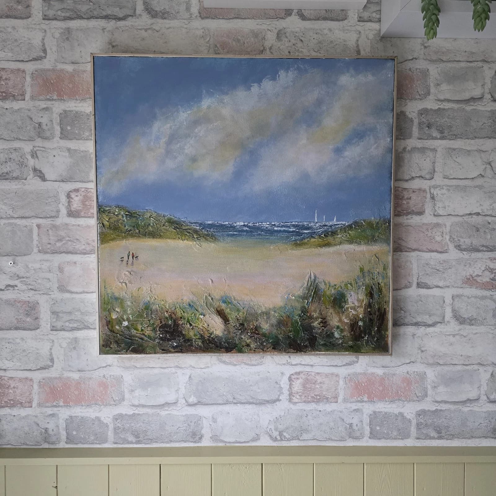 Acrylic Painting Large Sunny Coastal Landscape Boats Sailing Framed thumbnail 5