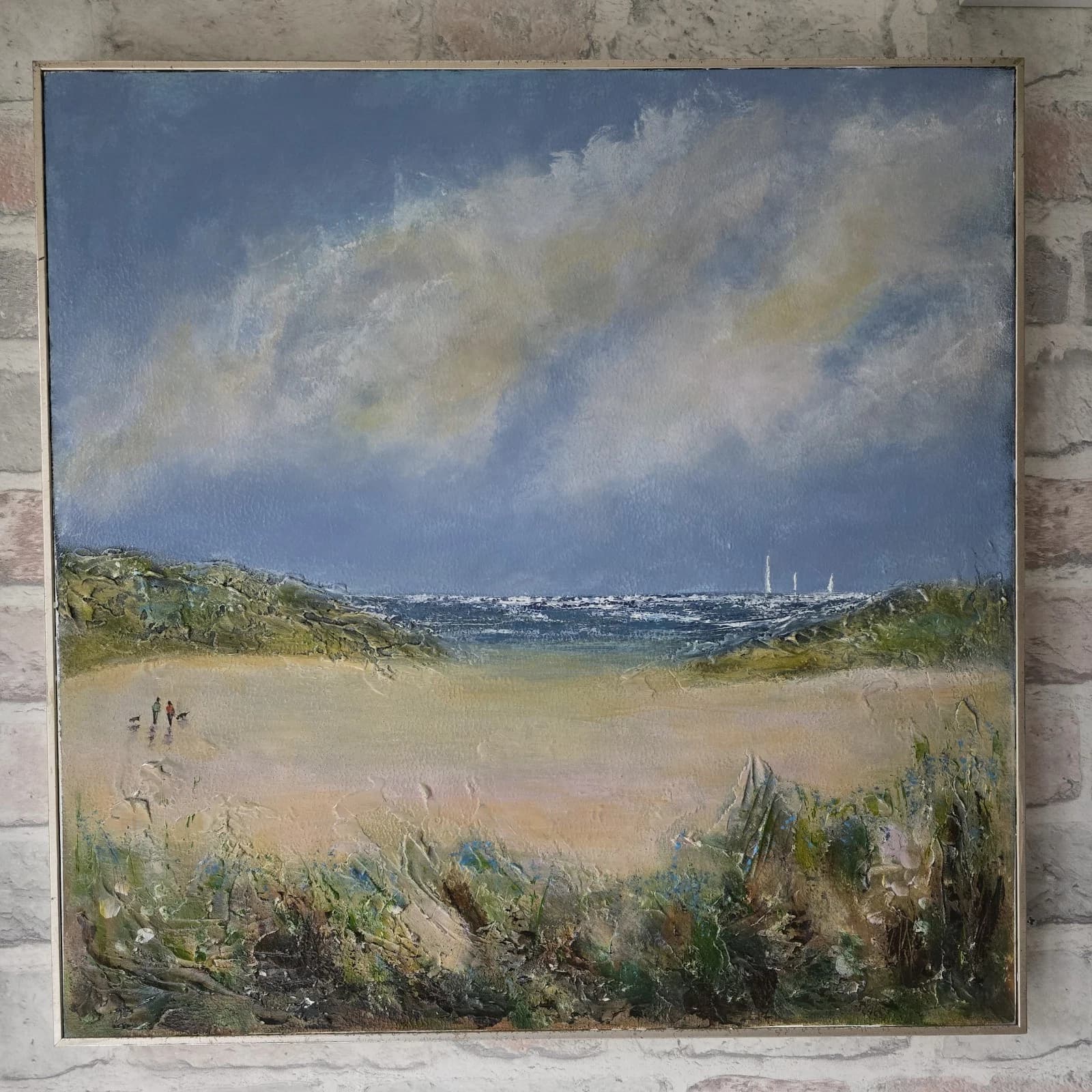 Acrylic Painting Large Sunny Coastal Landscape Boats Sailing Framed thumbnail 6