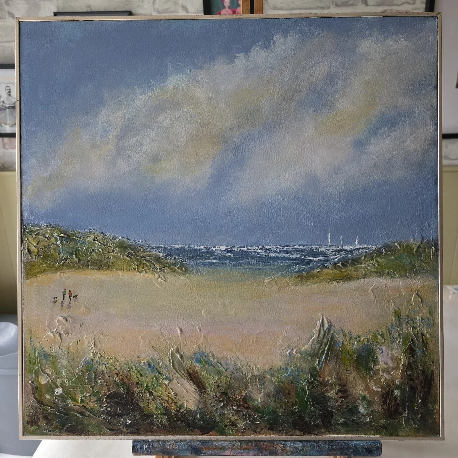 Acrylic Painting Large Sunny Coastal Landscape Boats Sailing Framed thumbnail 7