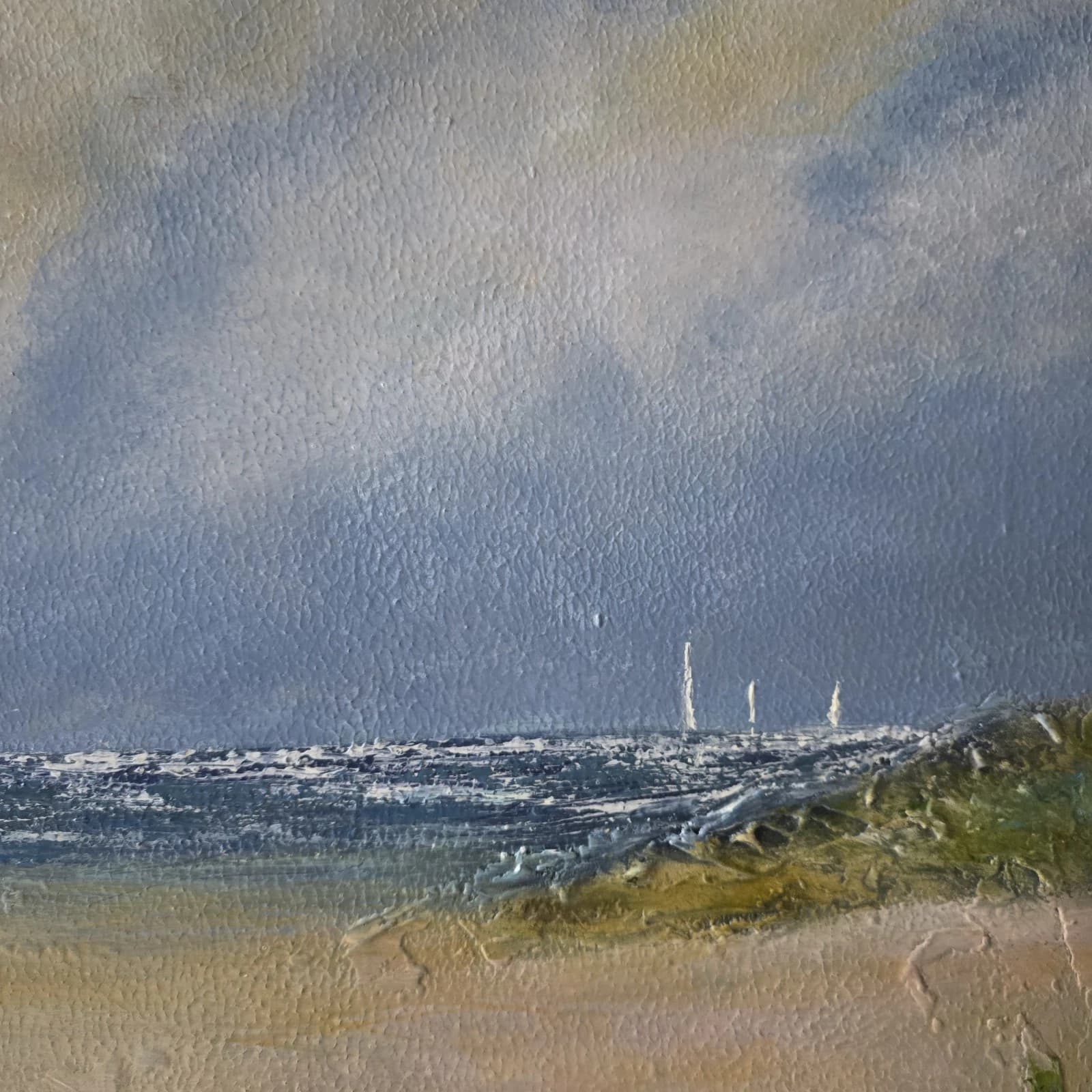 Acrylic Painting Large Sunny Coastal Landscape Boats Sailing Framed thumbnail 9