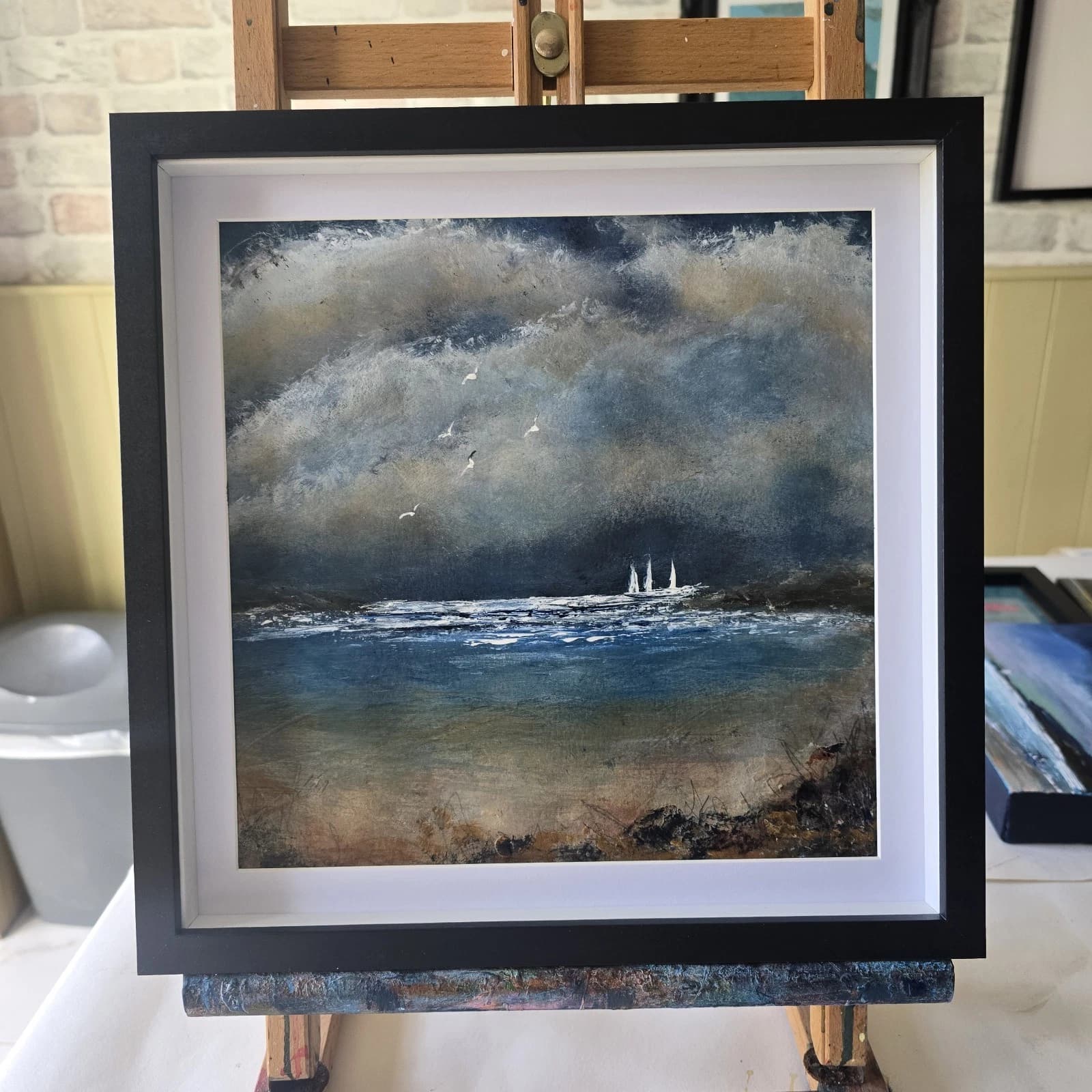 Acrylic Painting Stormy Coastal Landscape Boats Sailing Dusk Framed thumbnail 2