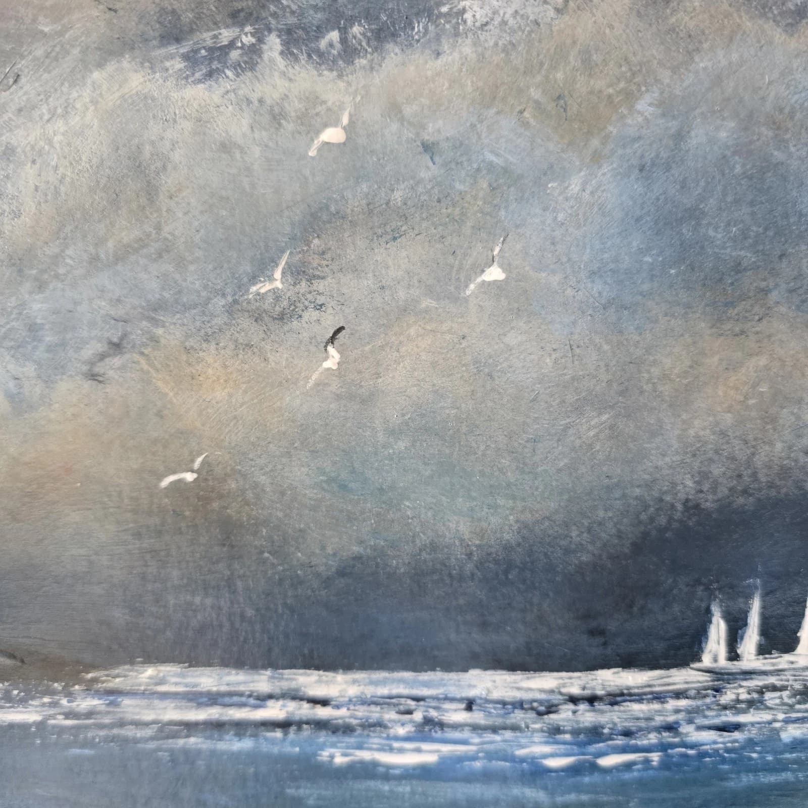 Acrylic Painting Stormy Coastal Landscape Boats Sailing Dusk Framed thumbnail 12