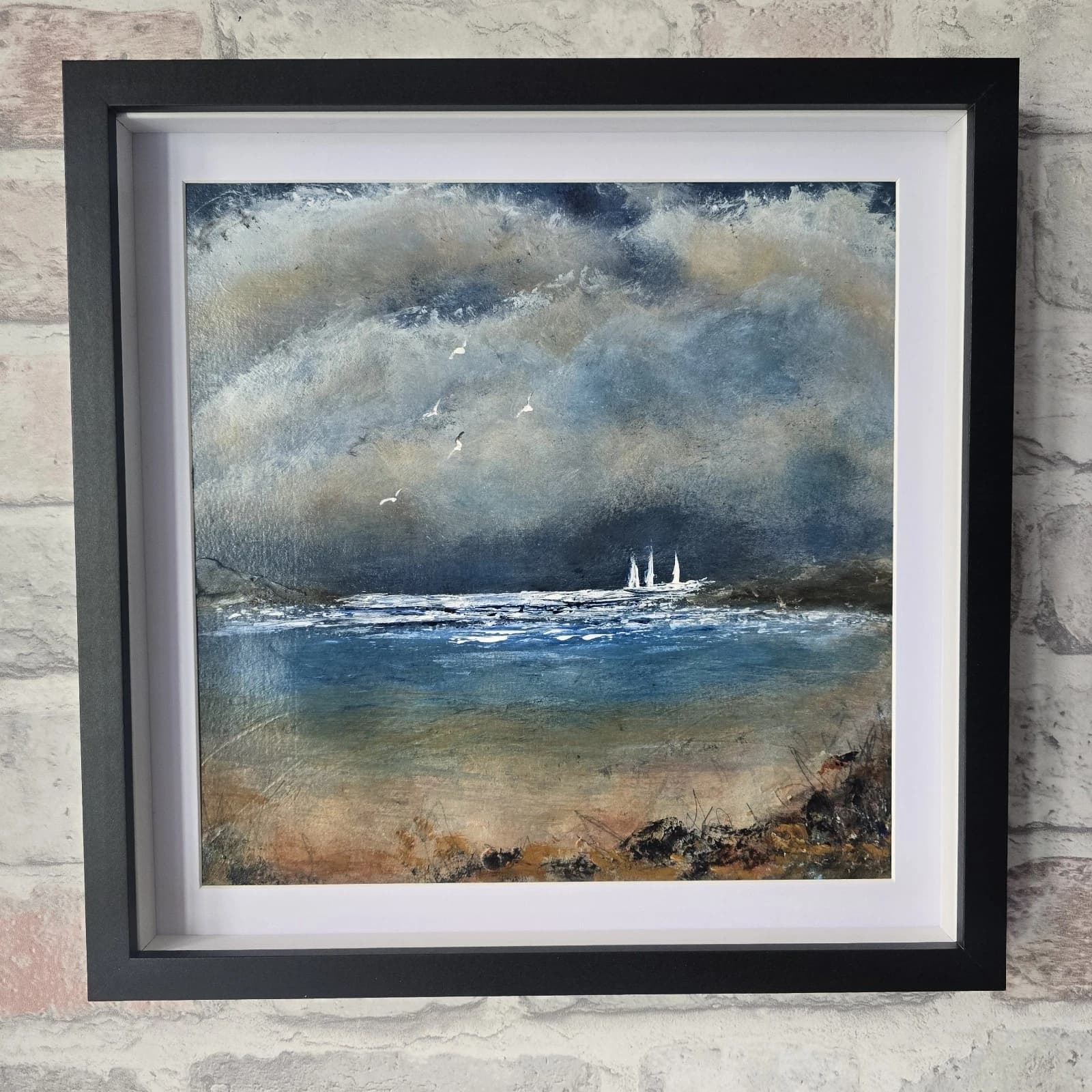 Acrylic Painting Stormy Coastal Landscape Boats Sailing Dusk Framed thumbnail 3