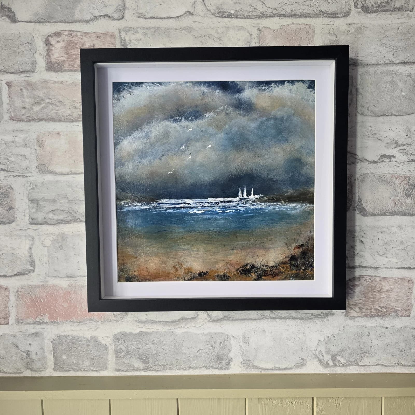 Acrylic Painting Stormy Coastal Landscape Boats Sailing Dusk Framed thumbnail 4