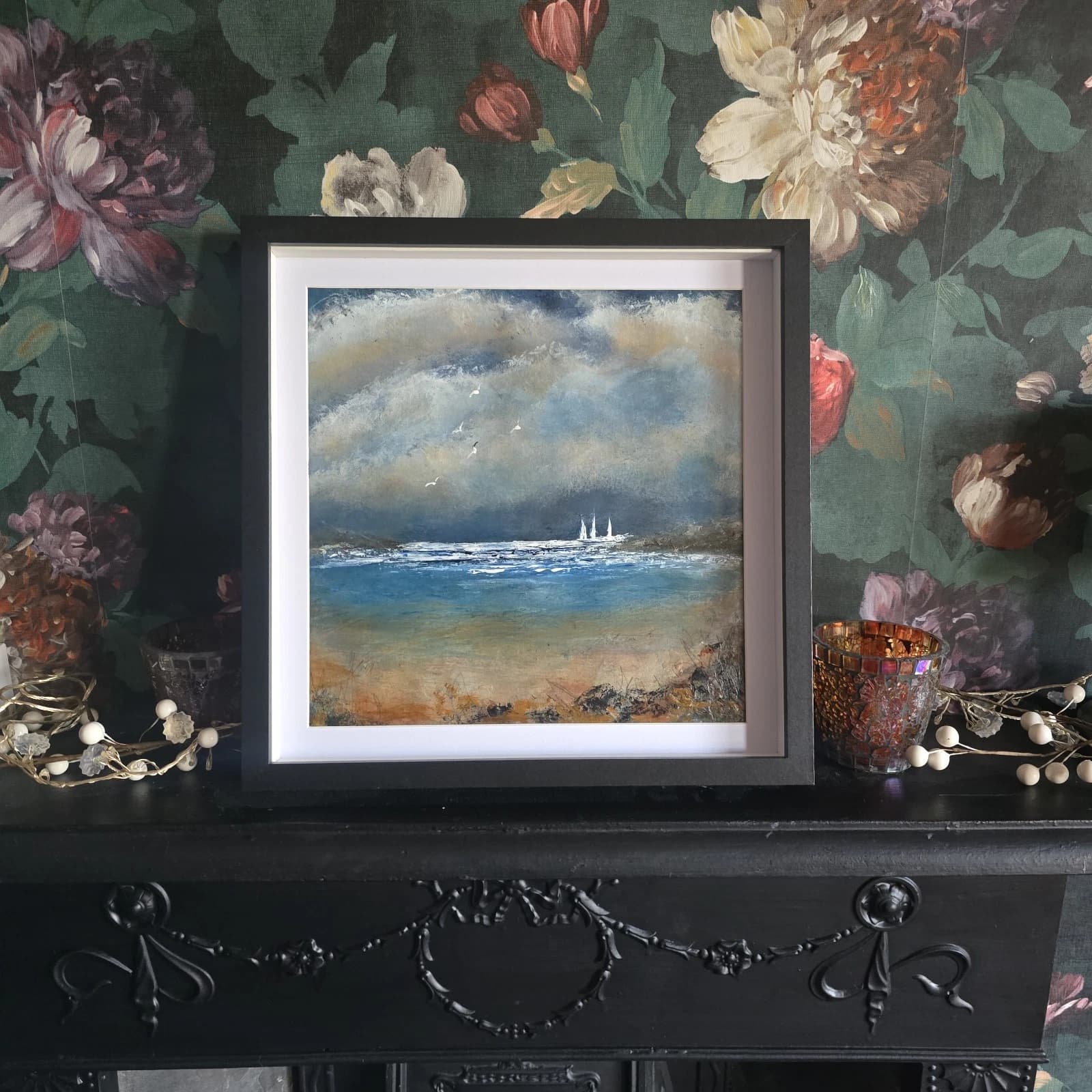Acrylic Painting Stormy Coastal Landscape Boats Sailing Dusk Framed thumbnail 5