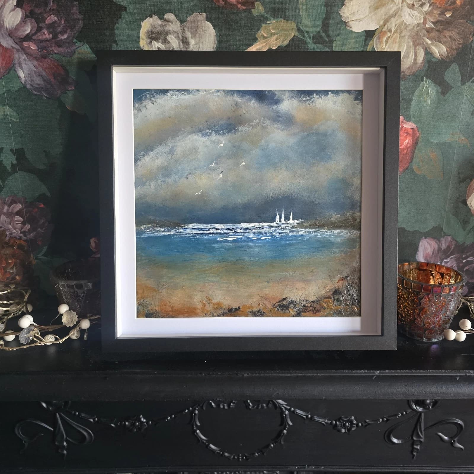 Acrylic Painting Stormy Coastal Landscape Boats Sailing Dusk Framed thumbnail 6