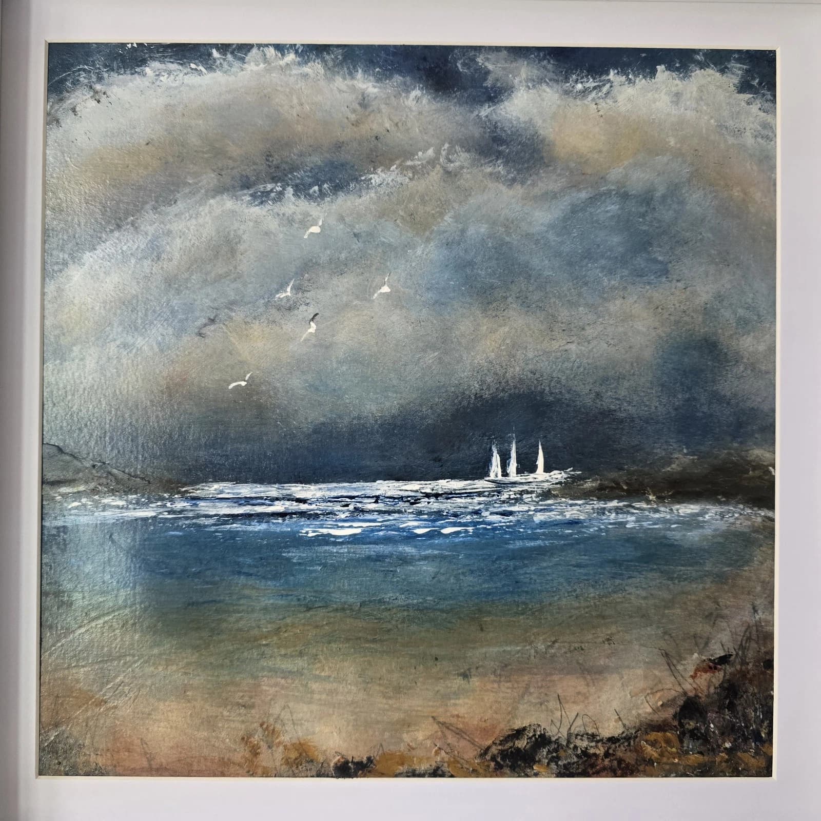 Acrylic Painting Stormy Coastal Landscape Boats Sailing Dusk Framed thumbnail 8