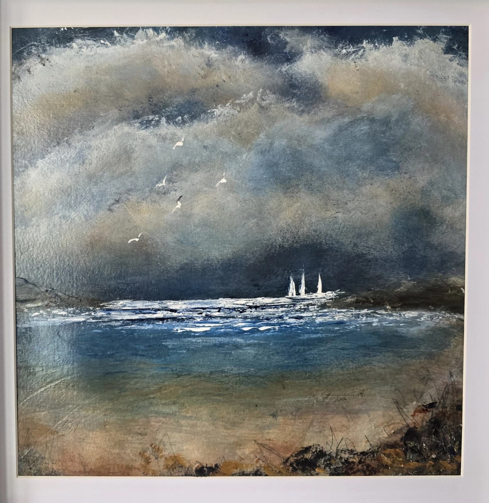 Acrylic Painting Stormy Coastal Landscape Boats Sailing Dusk Framed thumbnail 9