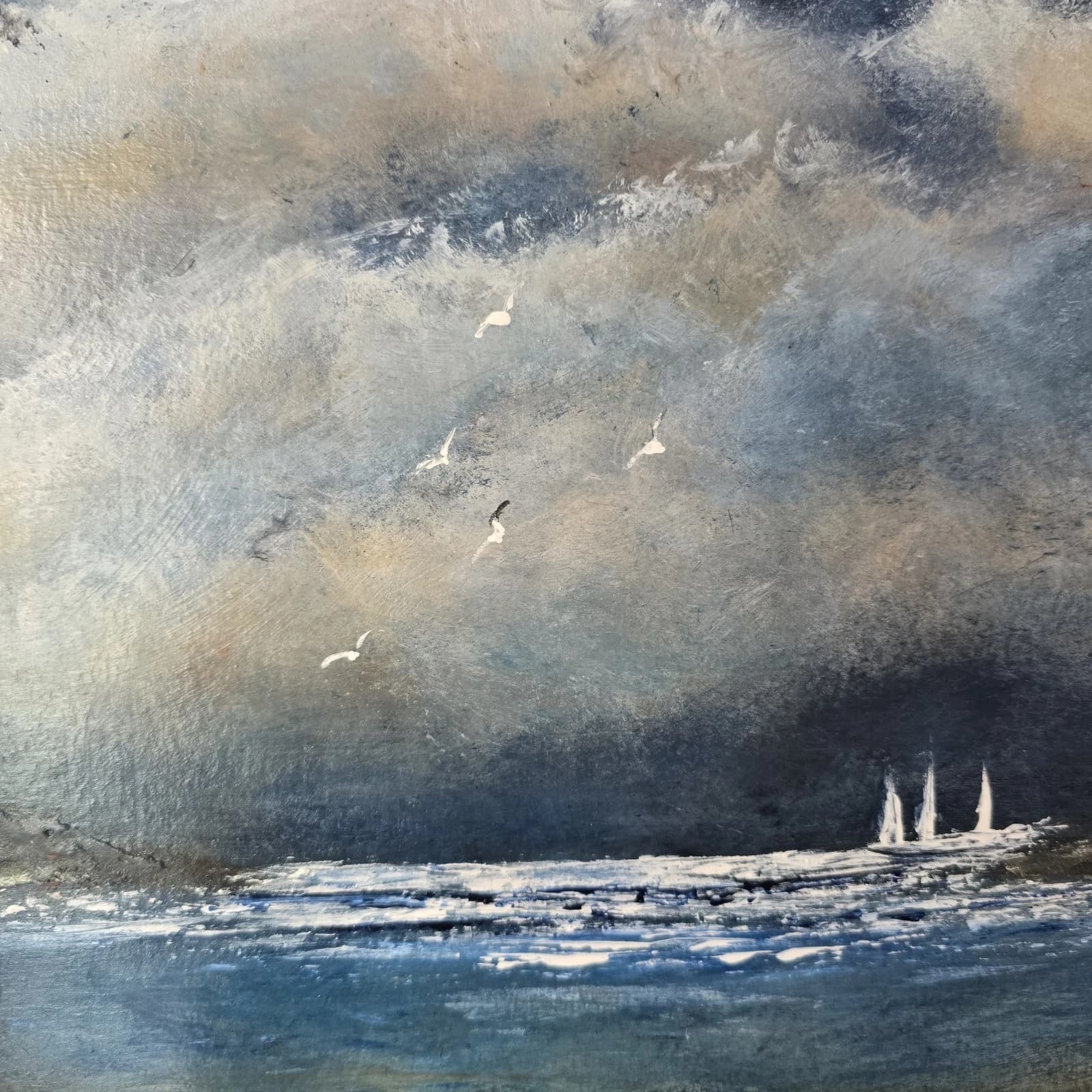 Acrylic Painting Stormy Coastal Landscape Boats Sailing Dusk Framed thumbnail 10