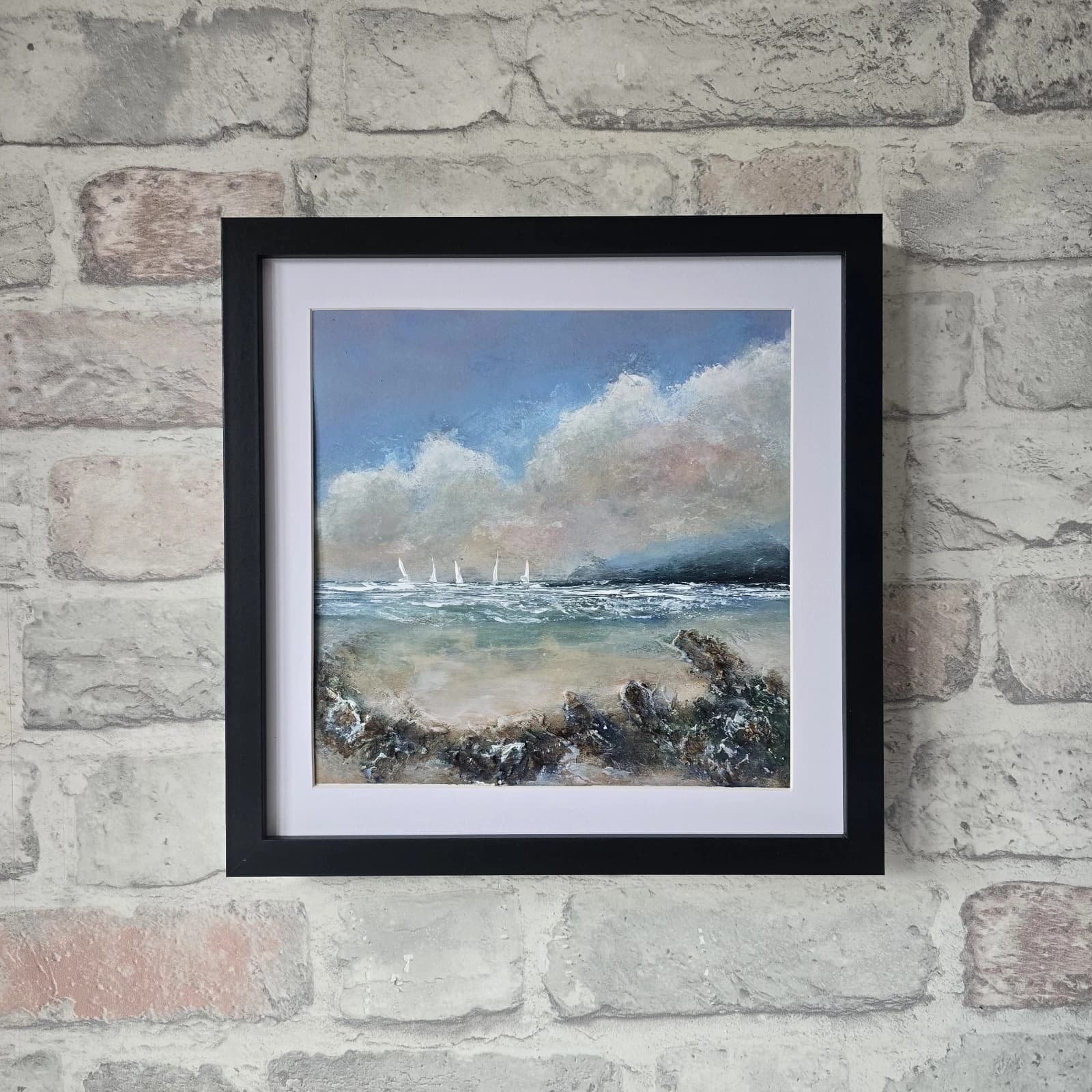 Acrylic Painting Summer Coastal Landscape Boats Sailing Framed thumbnail 2