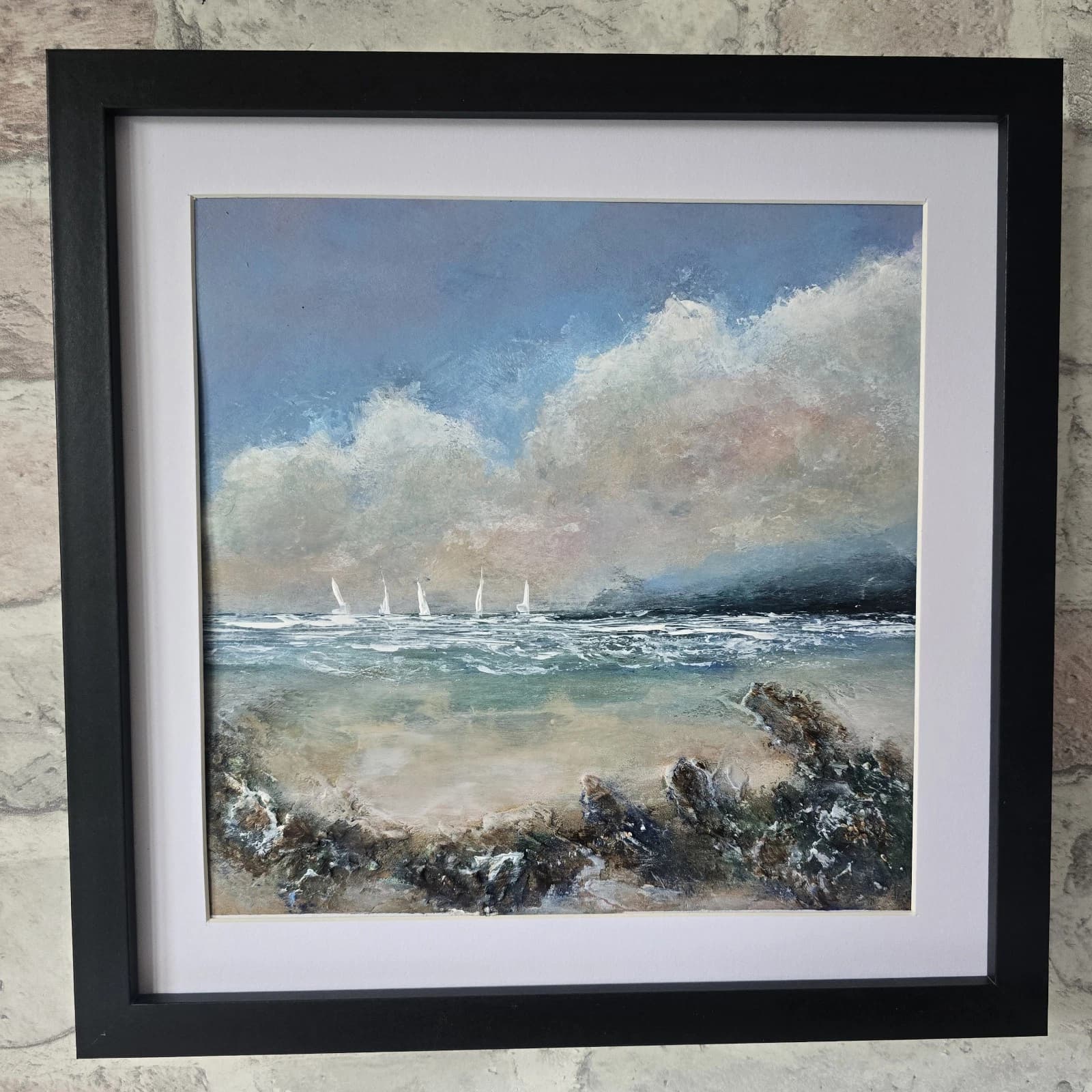 Acrylic Painting Summer Coastal Landscape Boats Sailing Framed thumbnail 3