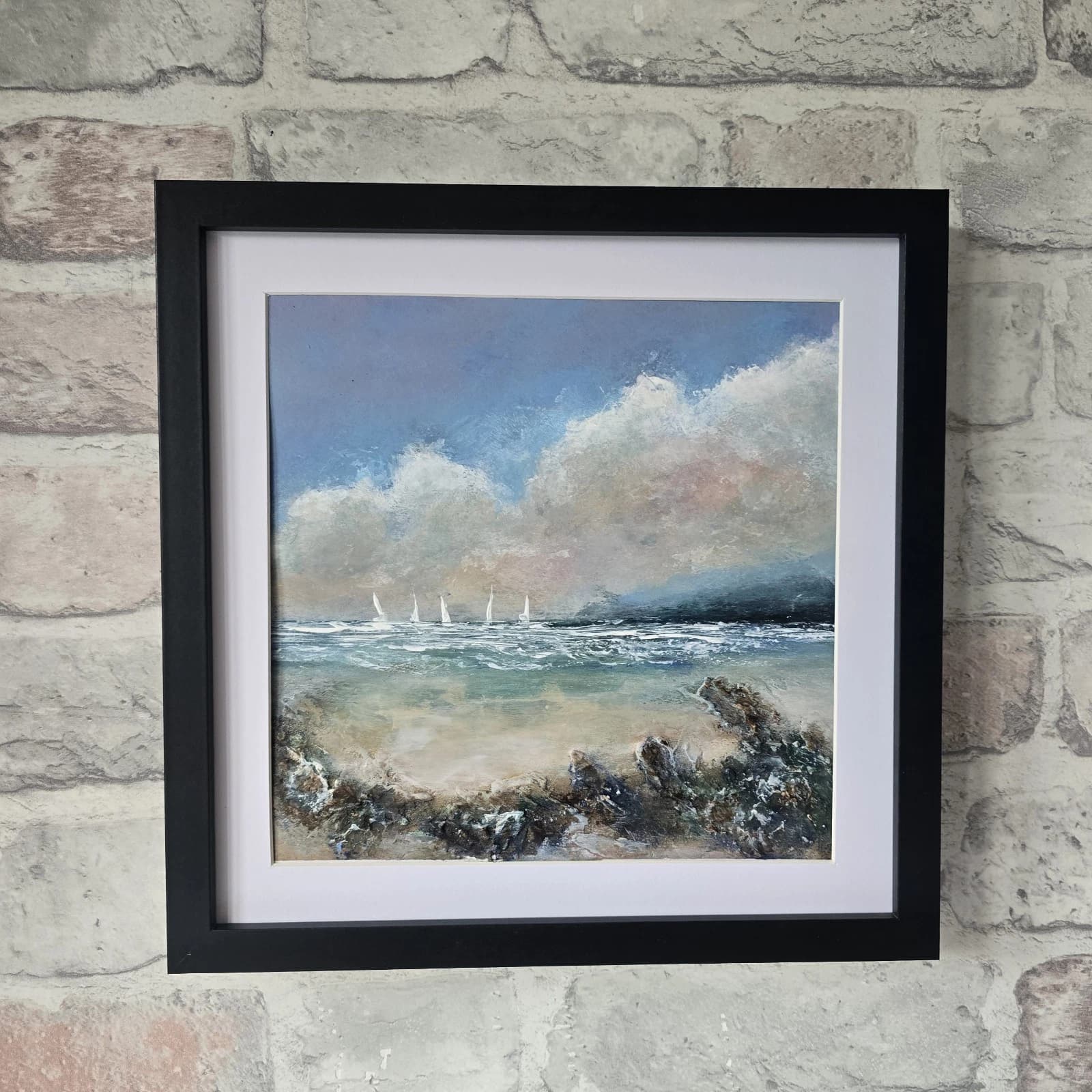 Acrylic Painting Summer Coastal Landscape Boats Sailing Framed thumbnail 4