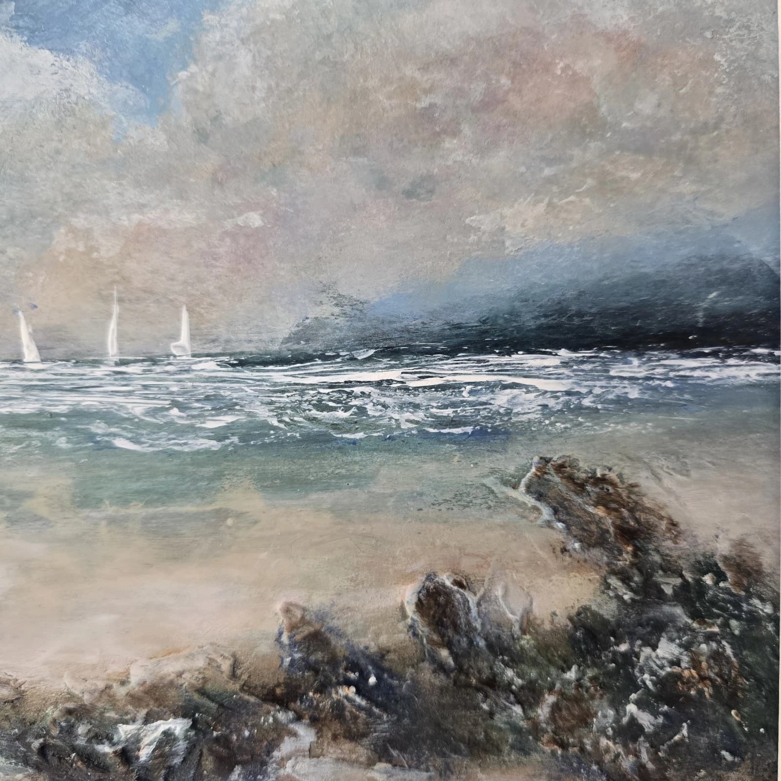 Acrylic Painting Summer Coastal Landscape Boats Sailing Framed thumbnail 7