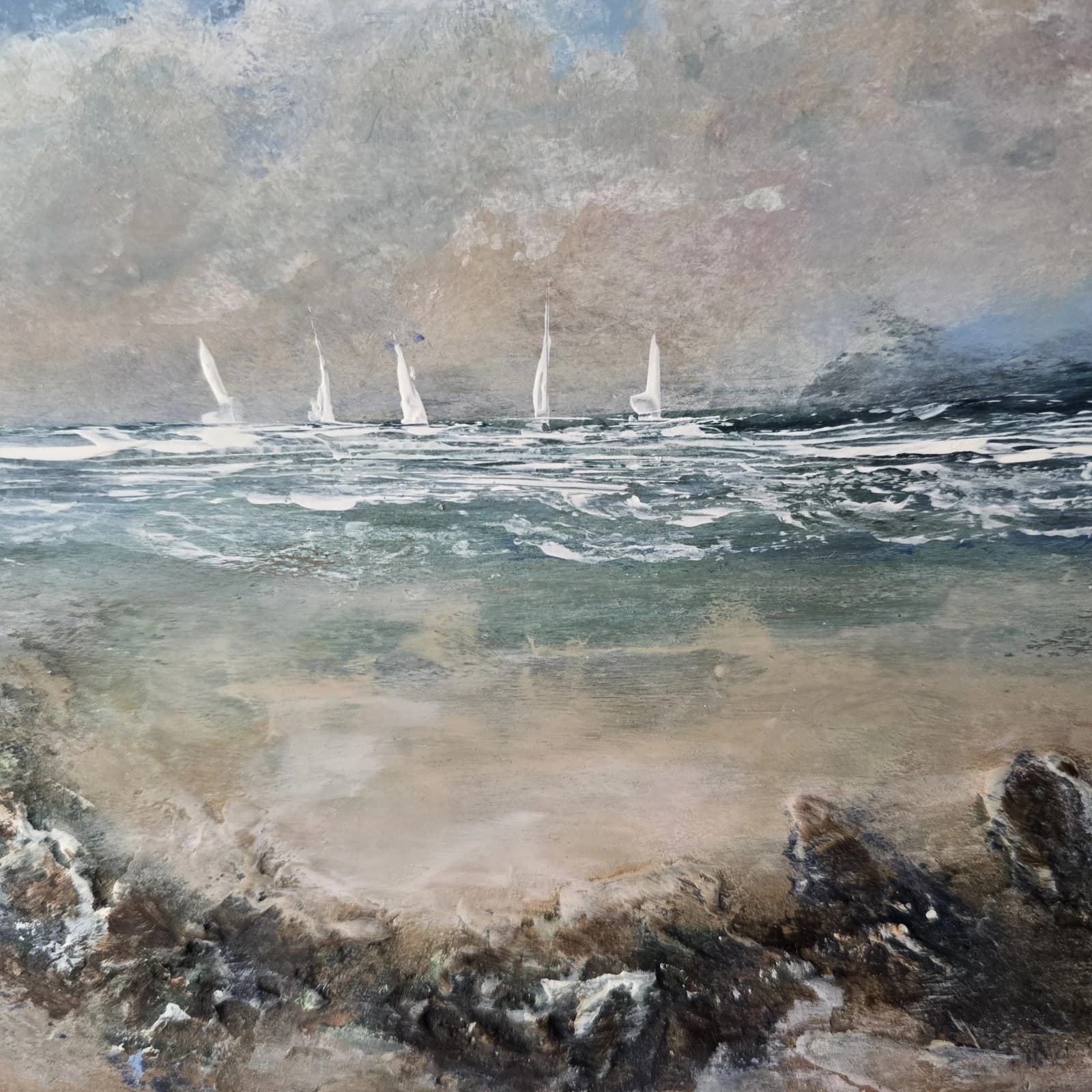 Acrylic Painting Summer Coastal Landscape Boats Sailing Framed thumbnail 8