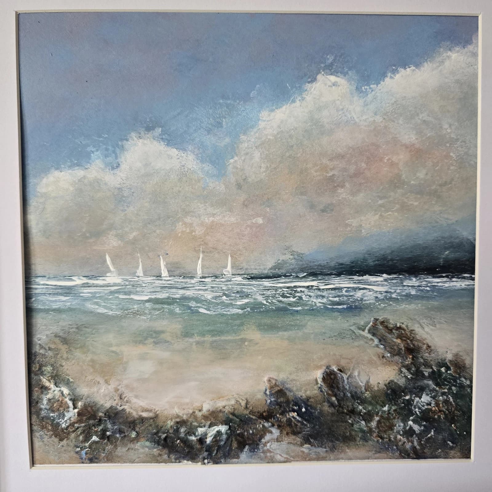 Acrylic Painting Summer Coastal Landscape Boats Sailing Framed thumbnail 9