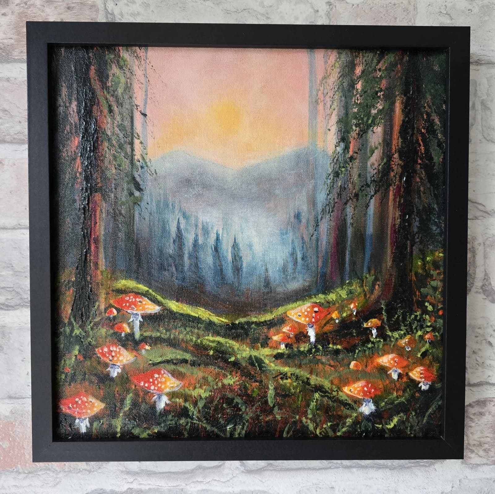 Acrylic Painting Woodland Mushrooms Mystical Fungi Stunning Art Framed