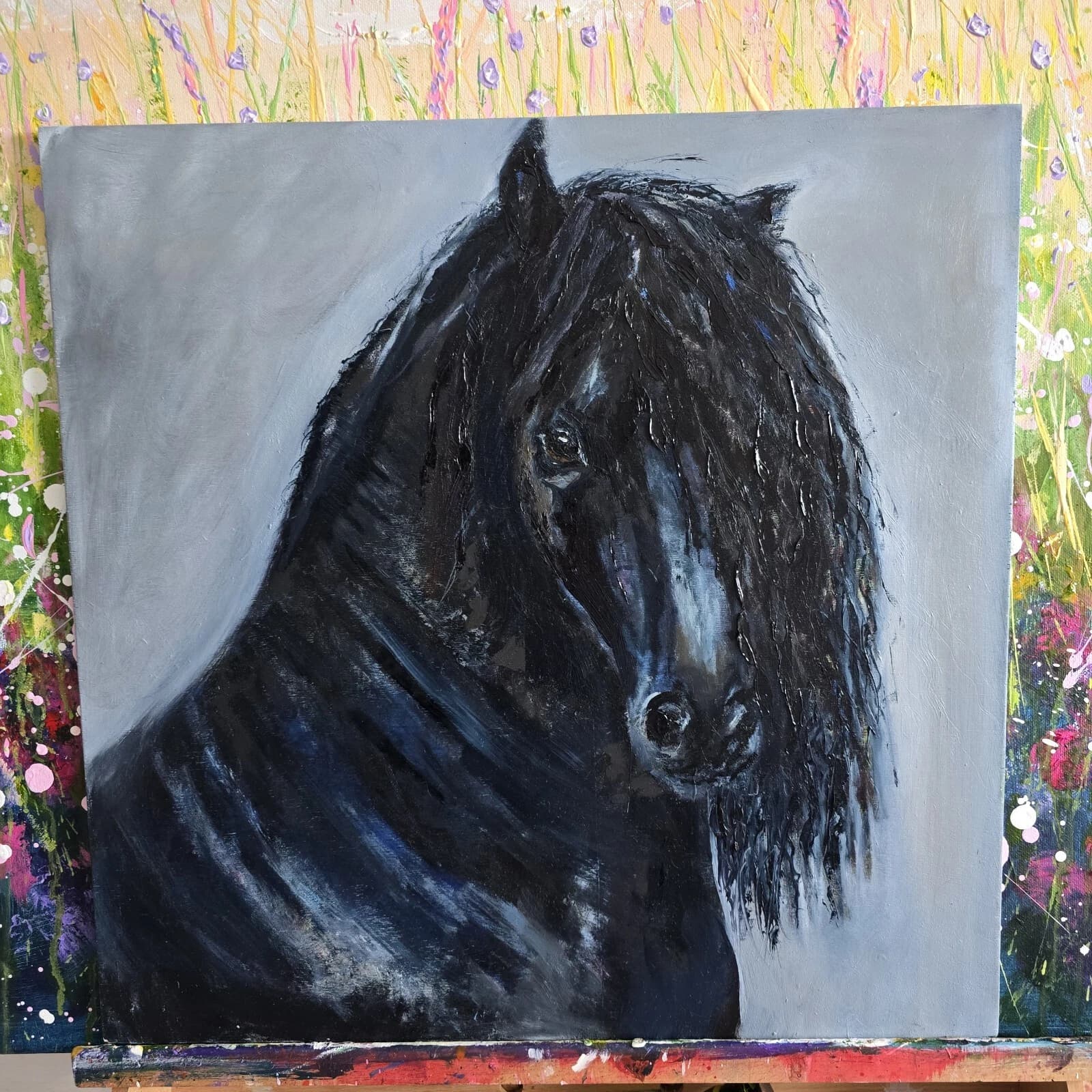 Black Horse Friesian Oil Painting thumbnail 2