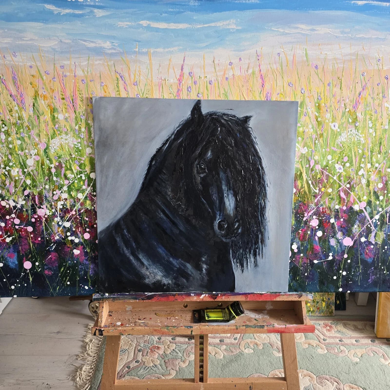 Black Horse Friesian Oil Painting thumbnail 3