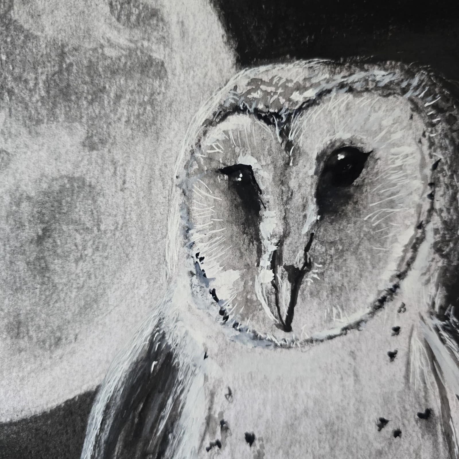Charcoal Painting Barn Owl Moon Bird Wildlife Framed Monochrome thumbnail 2