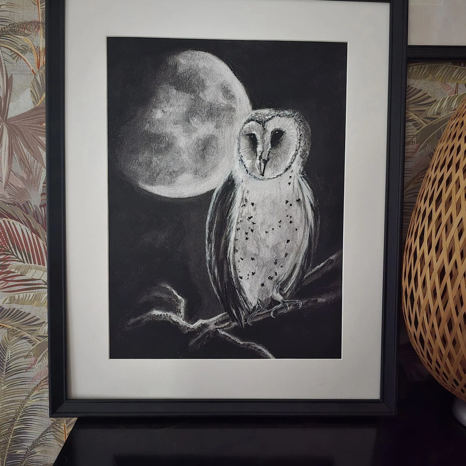 Charcoal Painting Barn Owl Moon Bird Wildlife Framed Monochrome thumbnail 11