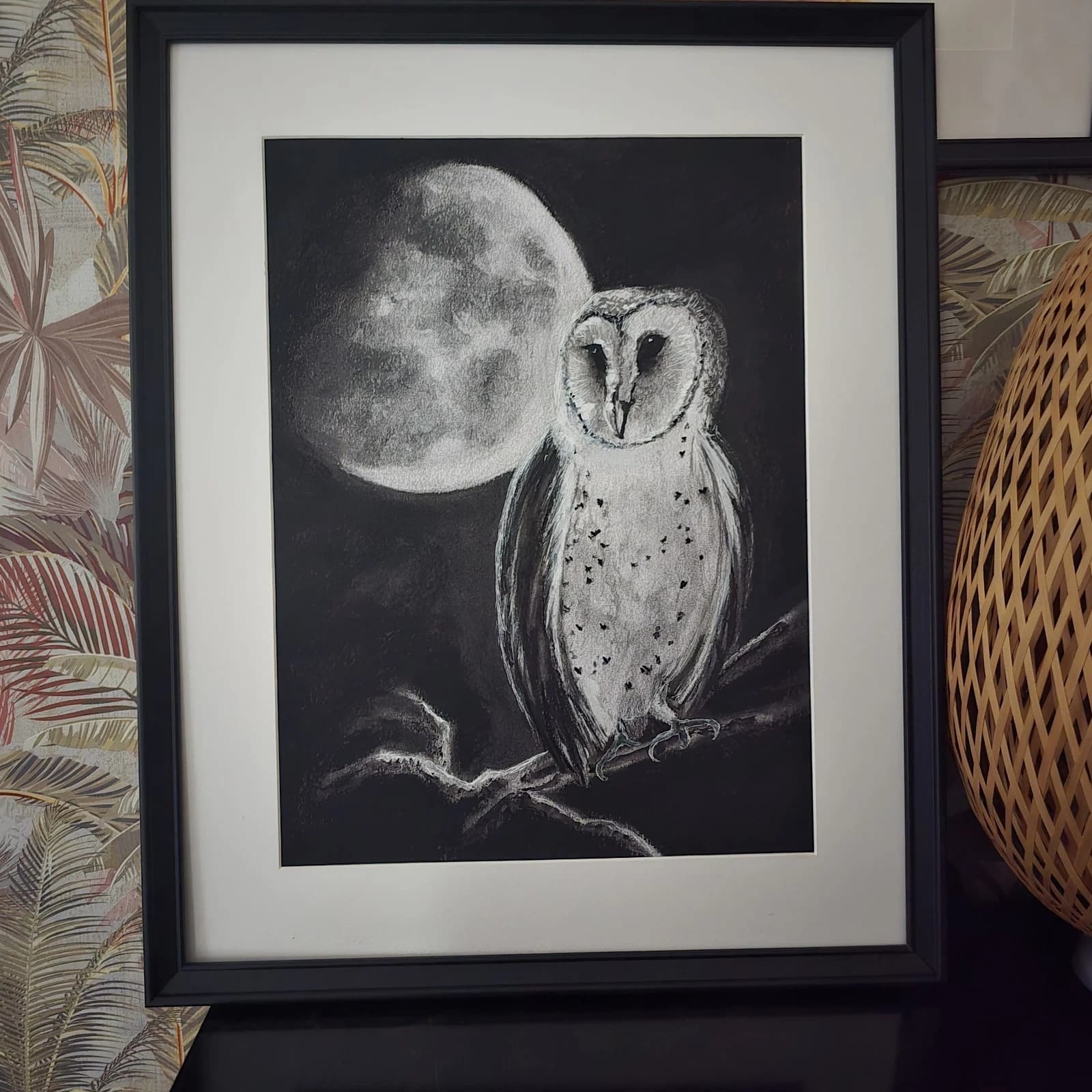 Charcoal Painting Barn Owl Moon Bird Wildlife Framed Monochrome thumbnail 12