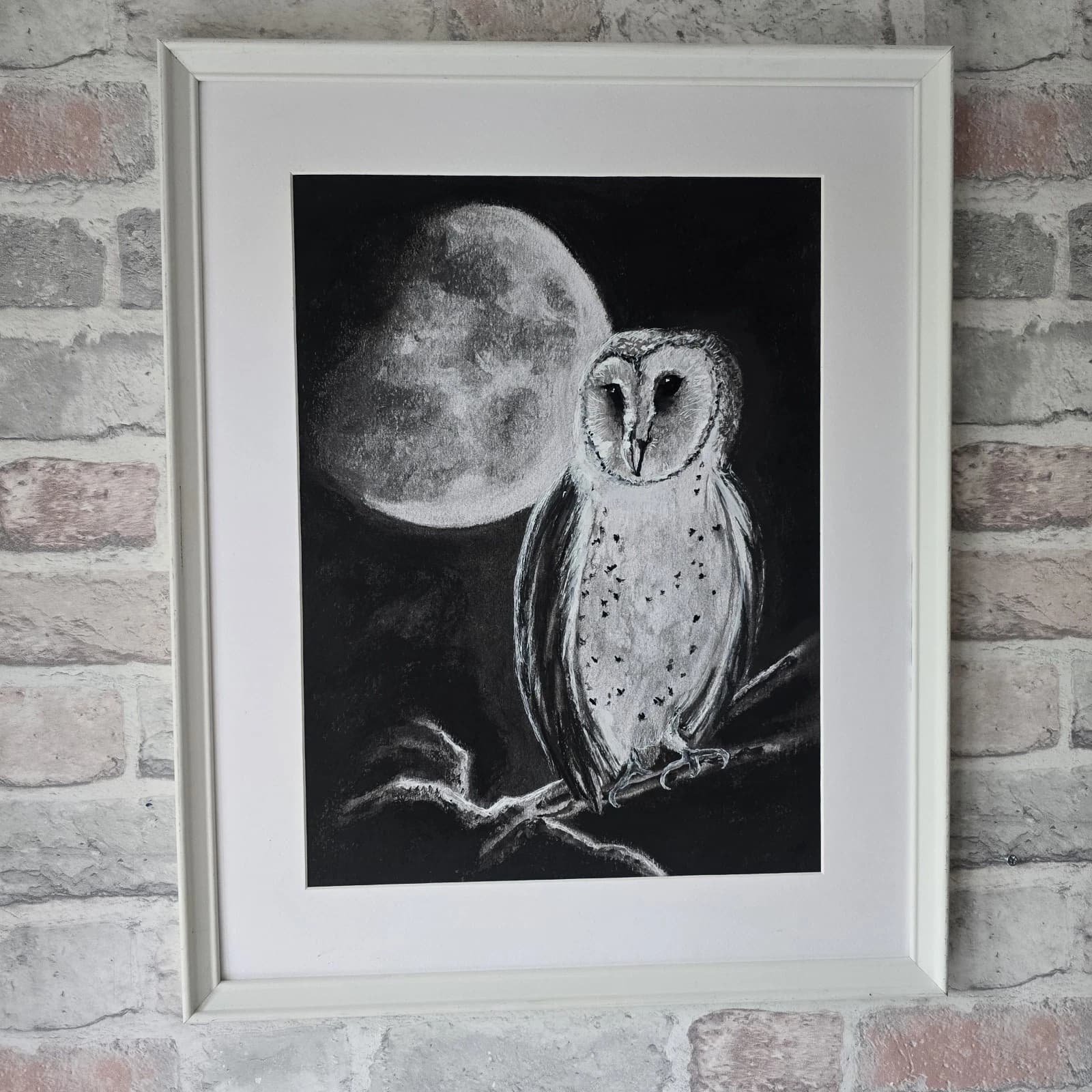 Charcoal Painting Barn Owl Moon Bird Wildlife Framed Monochrome thumbnail 13