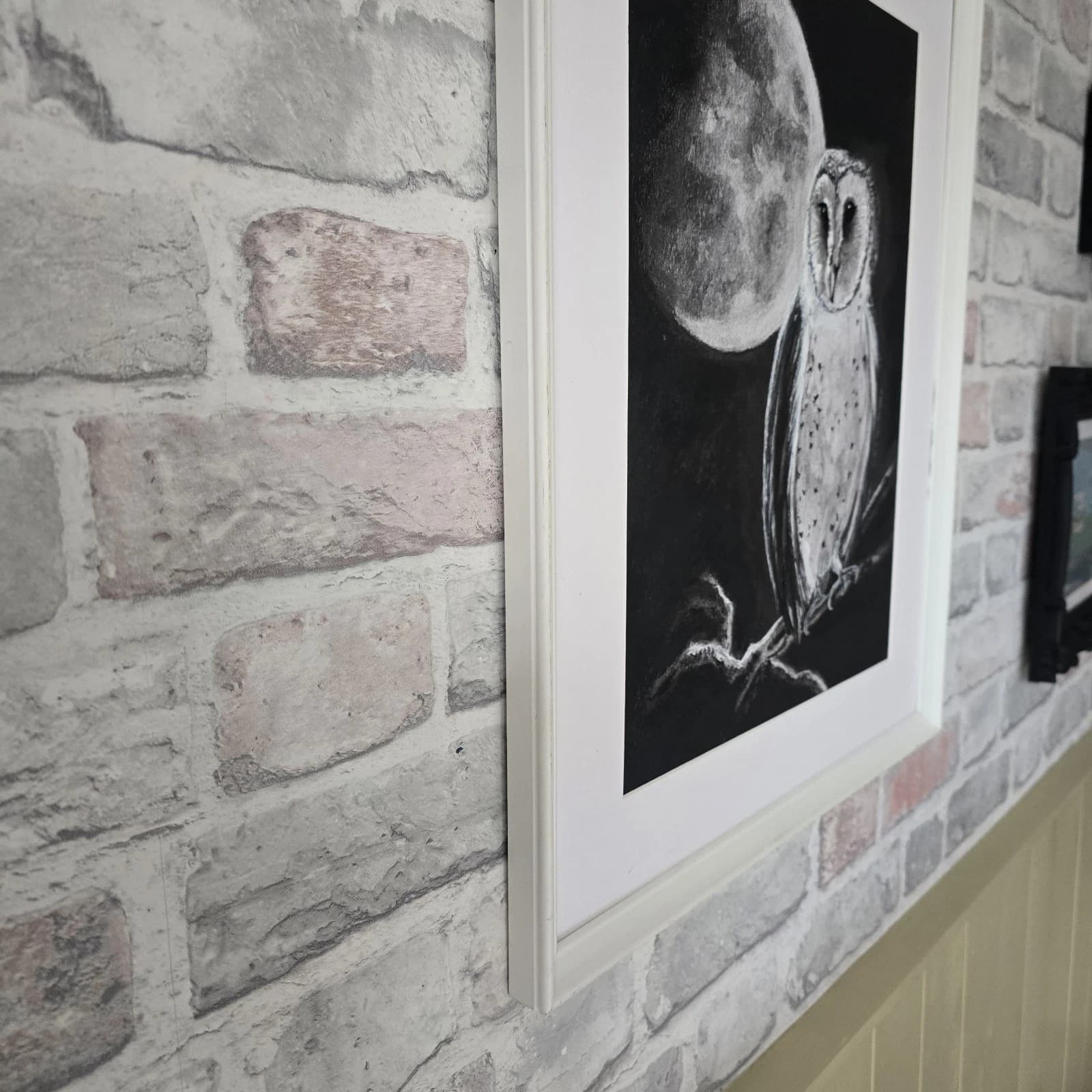 Charcoal Painting Barn Owl Moon Bird Wildlife Framed Monochrome thumbnail 14