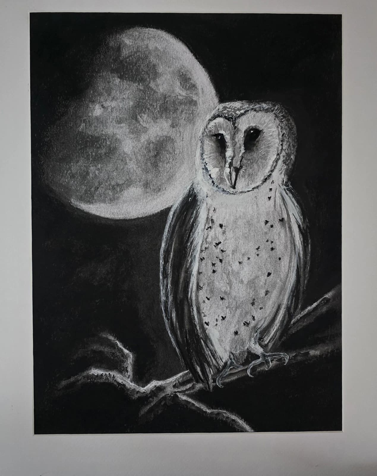 Charcoal Painting Barn Owl Moon Bird Wildlife Framed Monochrome thumbnail 15