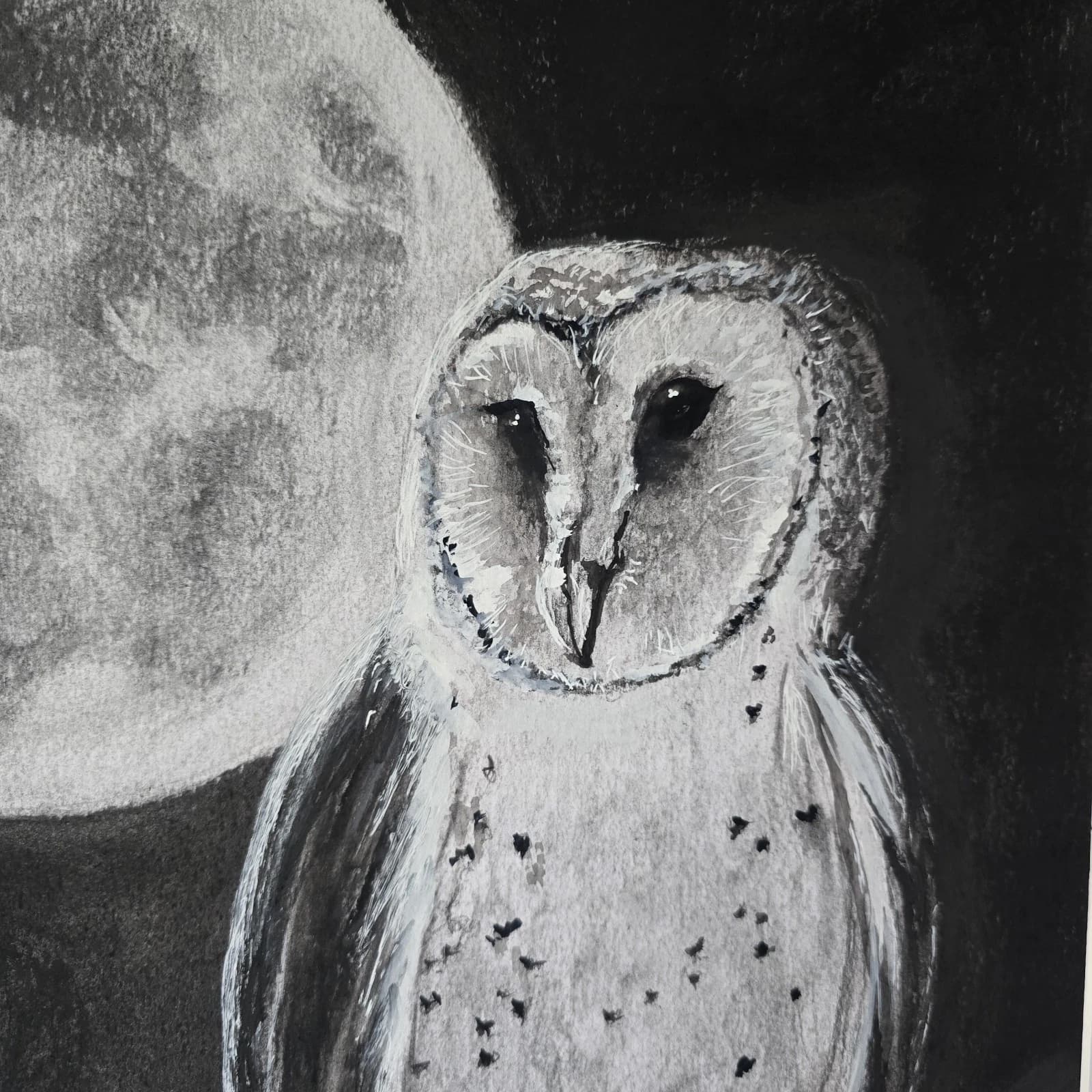 Charcoal Painting Barn Owl Moon Bird Wildlife Framed Monochrome thumbnail 17