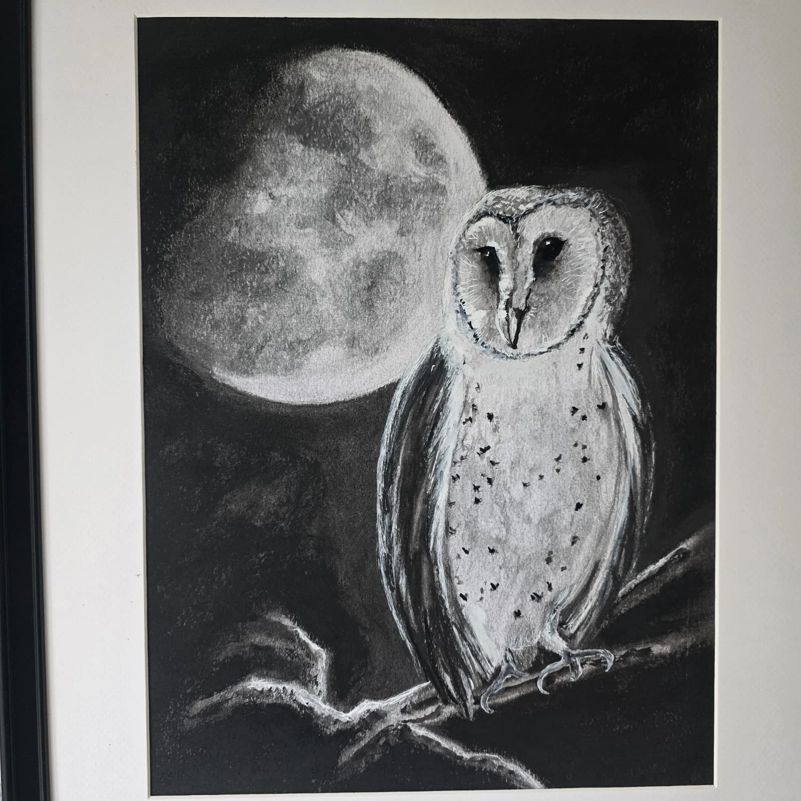 Charcoal Painting Barn Owl Moon Bird Wildlife Framed Monochrome thumbnail 19