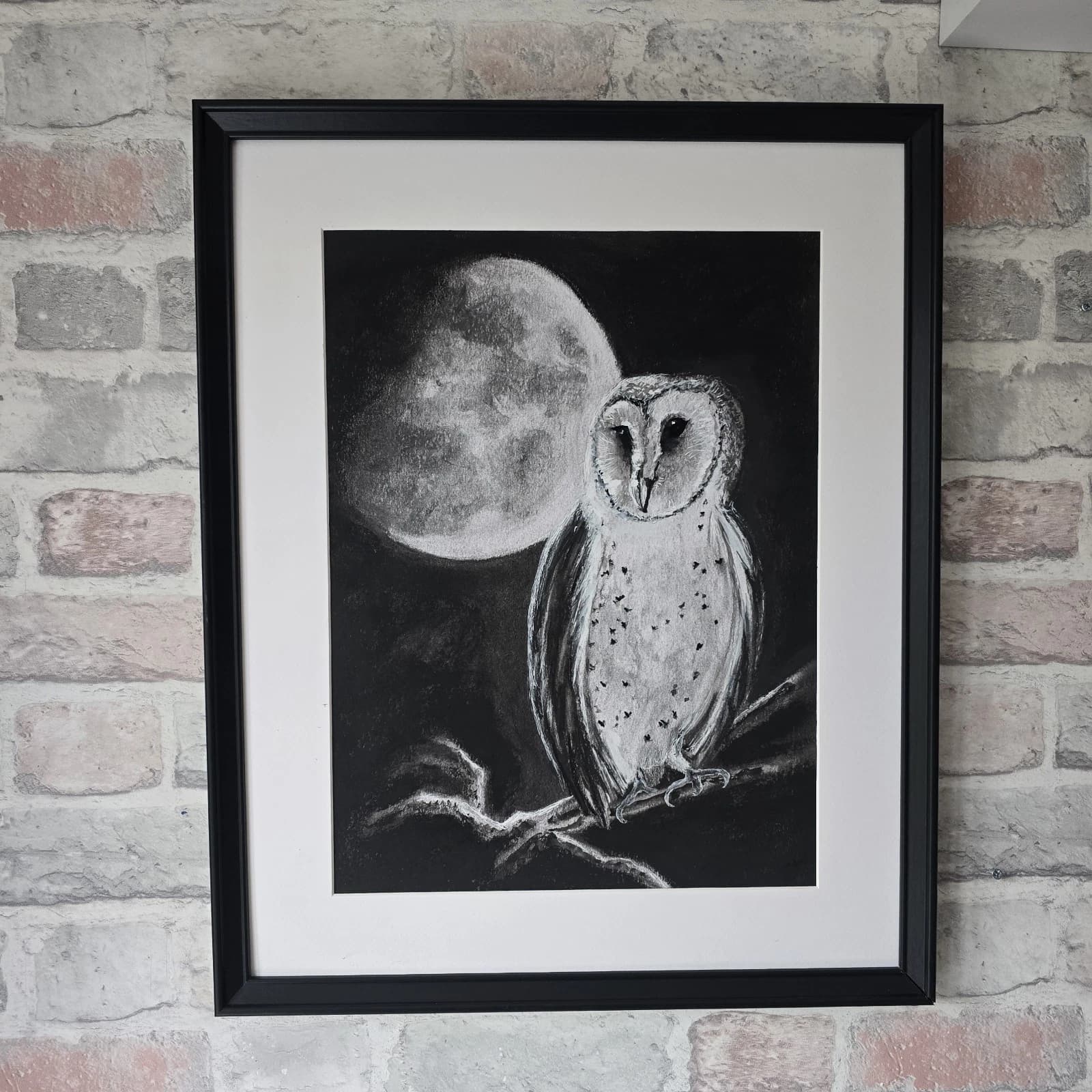 Charcoal Painting Barn Owl Moon Bird Wildlife Framed Monochrome thumbnail 20