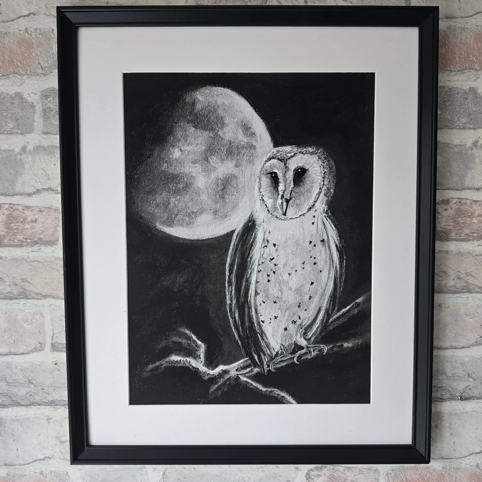 Charcoal Painting Barn Owl Moon Bird Wildlife Framed Monochrome thumbnail 3