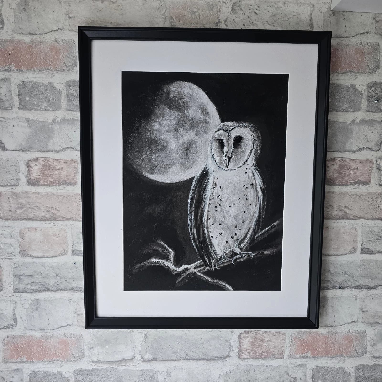 Charcoal Painting Barn Owl Moon Bird Wildlife Framed Monochrome thumbnail 4