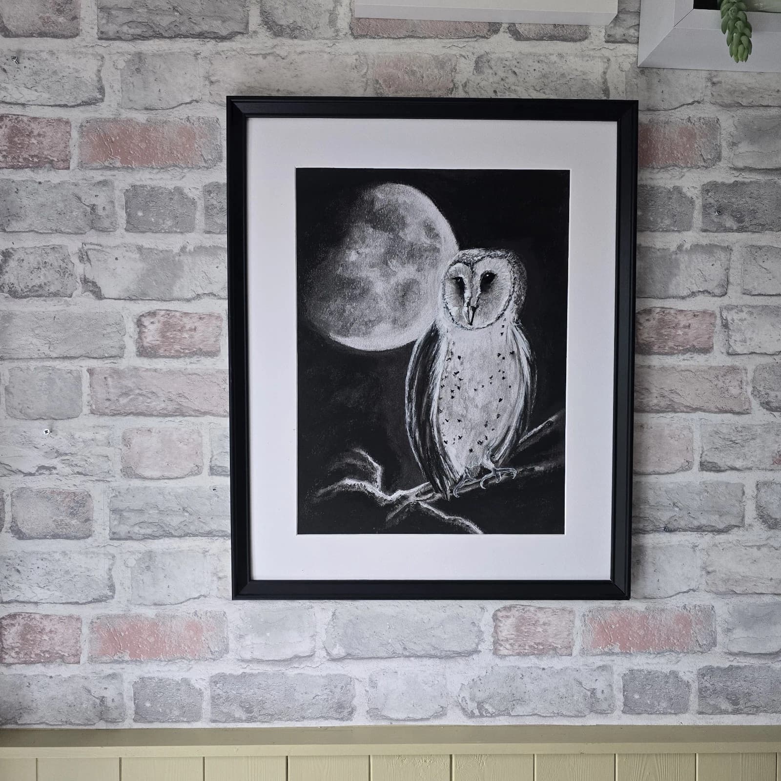 Charcoal Painting Barn Owl Moon Bird Wildlife Framed Monochrome thumbnail 5