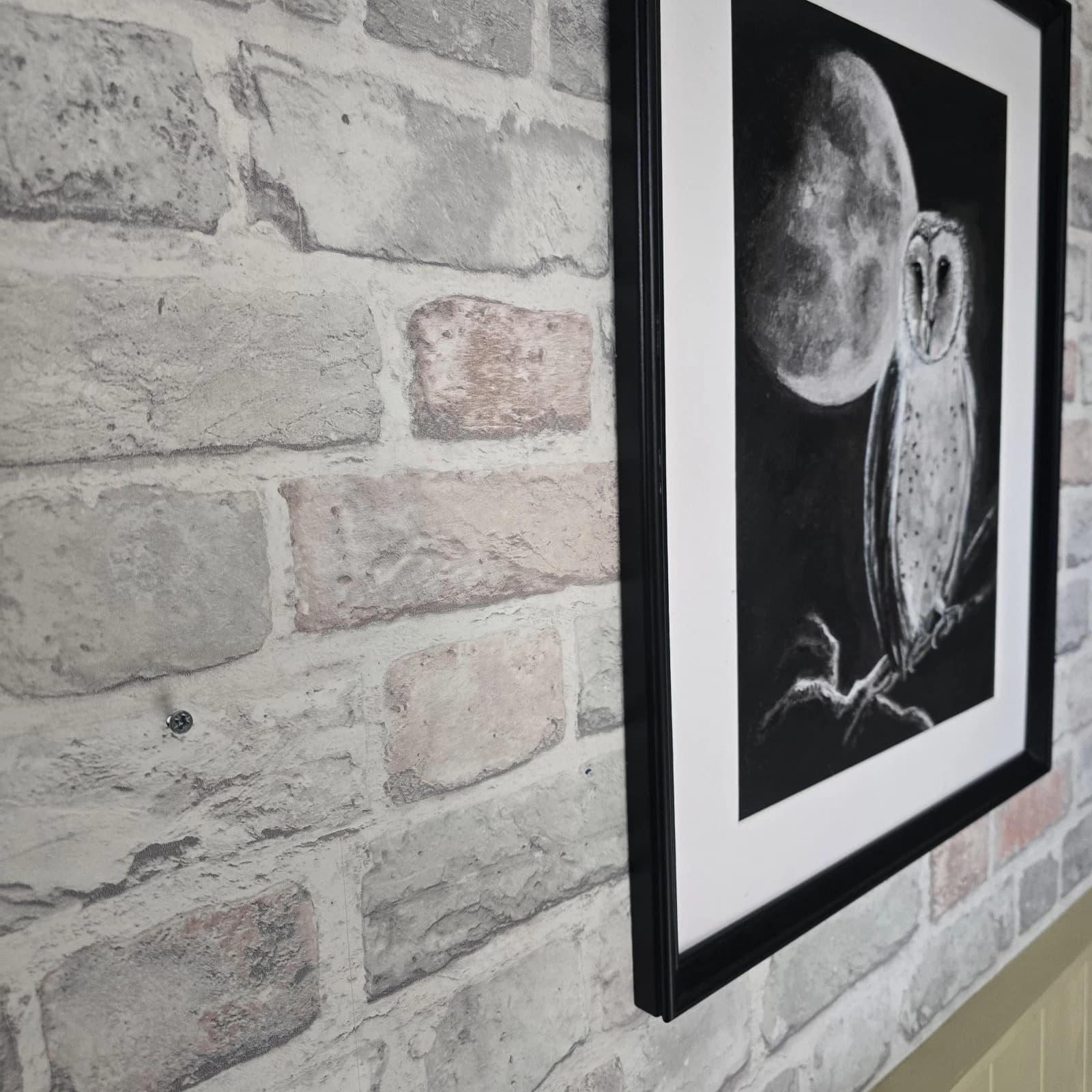 Charcoal Painting Barn Owl Moon Bird Wildlife Framed Monochrome thumbnail 6