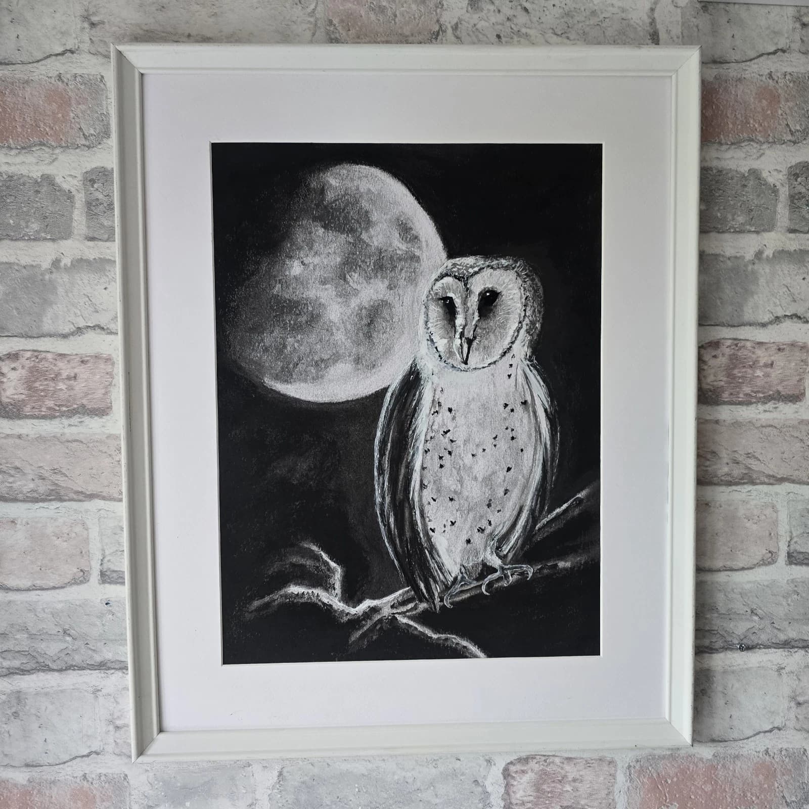 Charcoal Painting Barn Owl Moon Bird Wildlife Framed Monochrome thumbnail 7