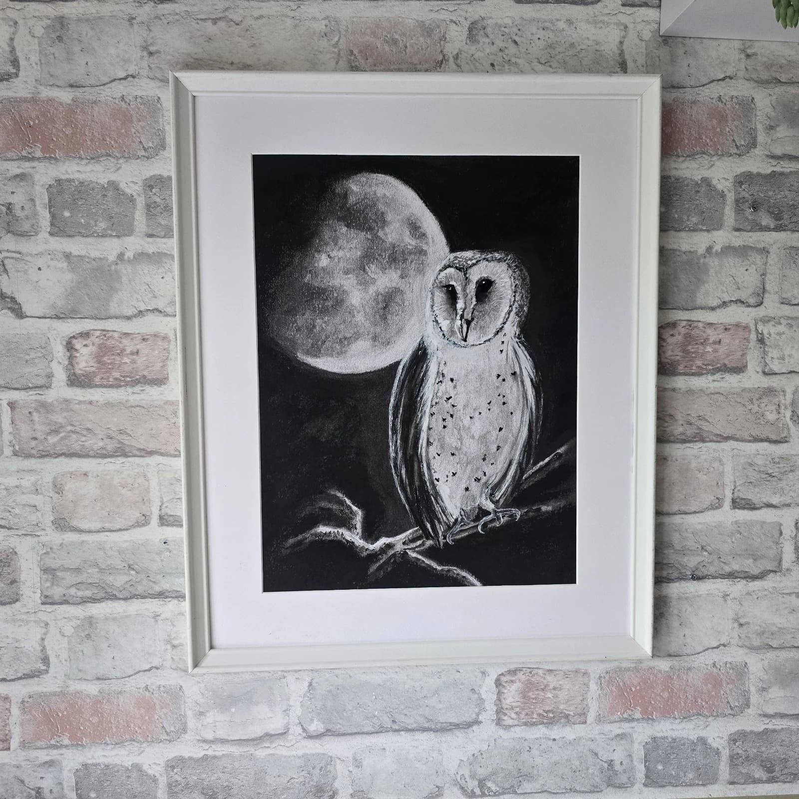 Charcoal Painting Barn Owl Moon Bird Wildlife Framed Monochrome thumbnail 8
