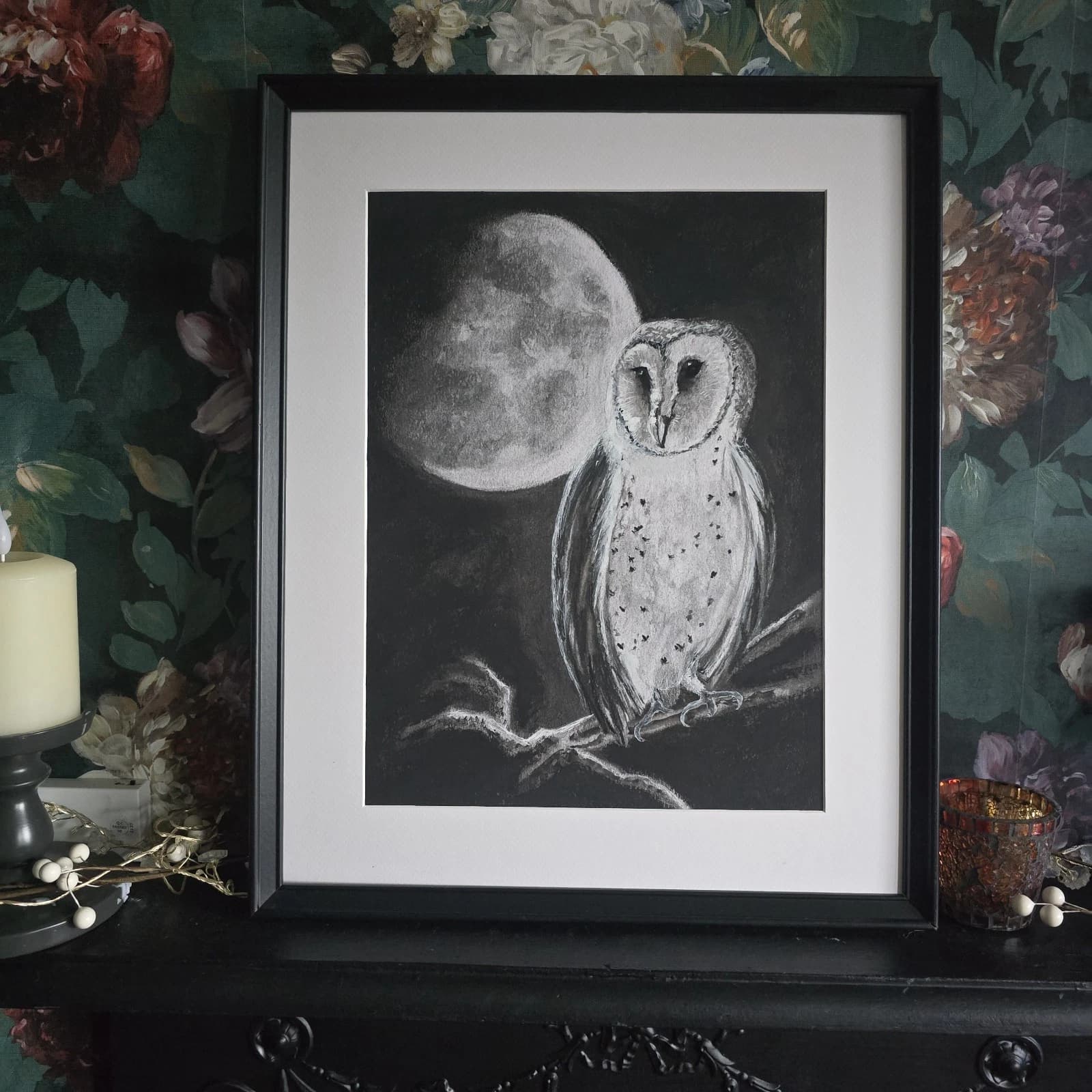 Charcoal Painting Barn Owl Moon Bird Wildlife Framed Monochrome thumbnail 9