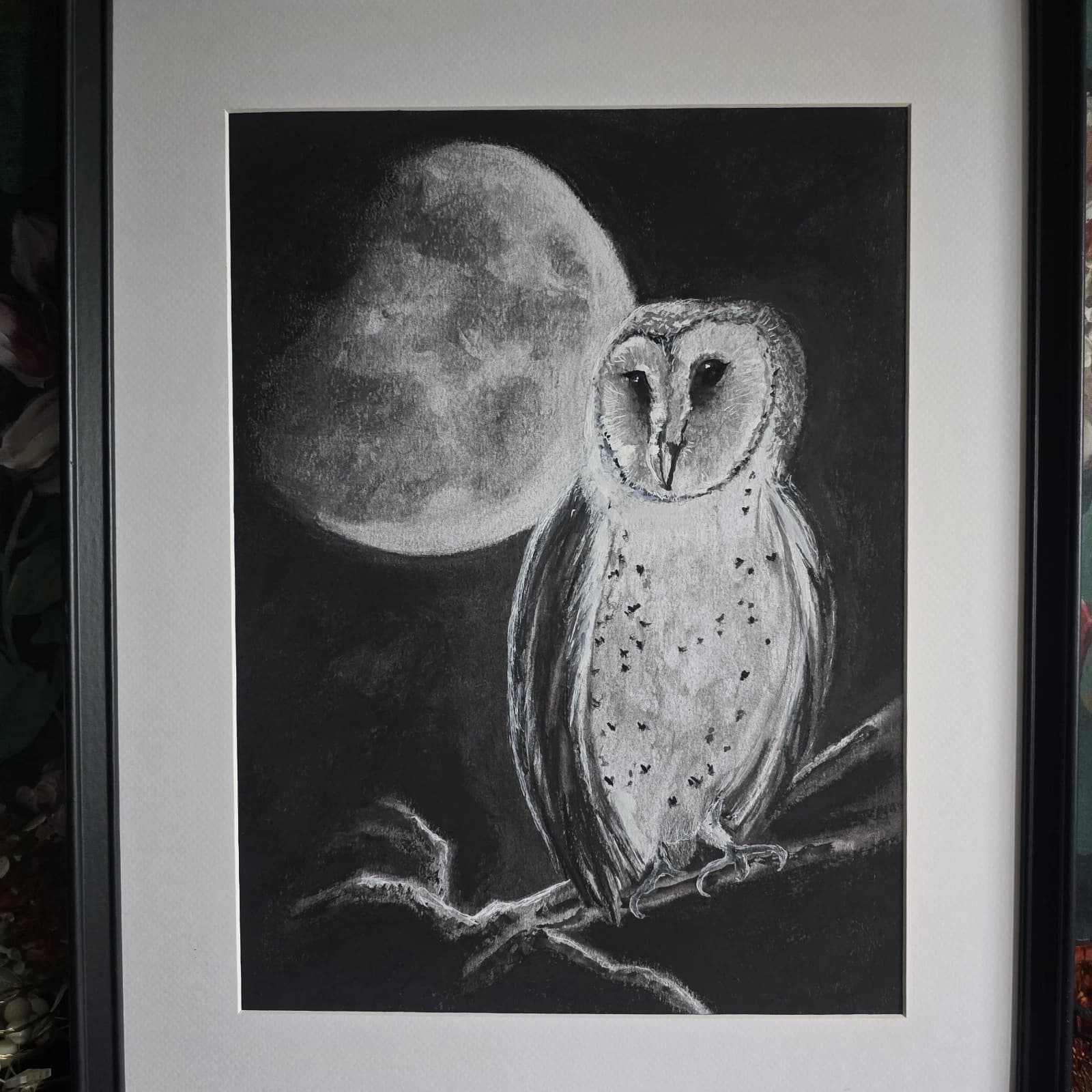 Charcoal Painting Barn Owl Moon Bird Wildlife Framed Monochrome thumbnail 10