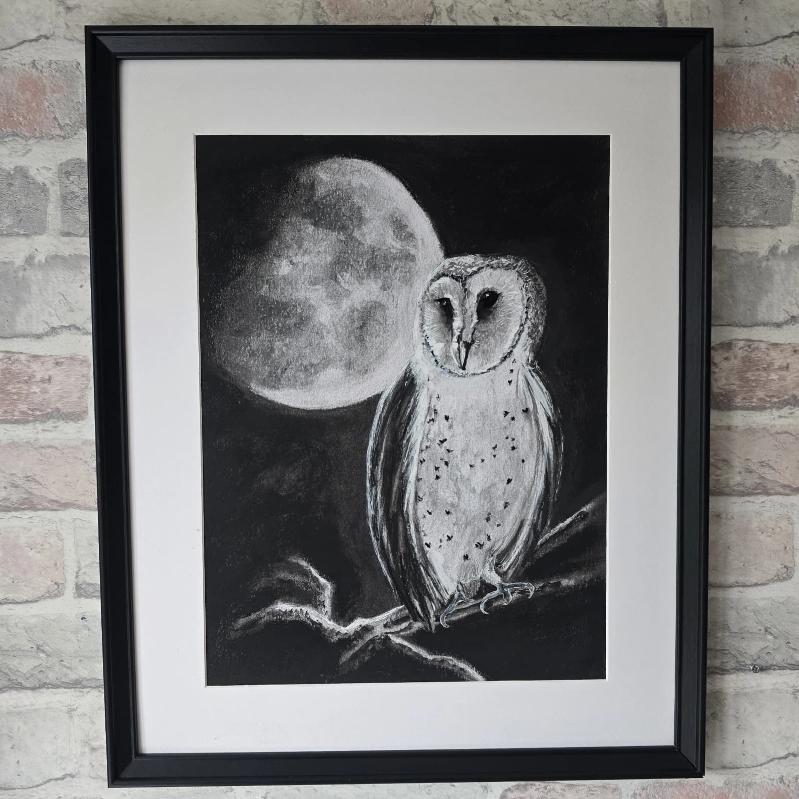 Charcoal Painting Barn Owl Moon Bird Wildlife Framed Monochrome