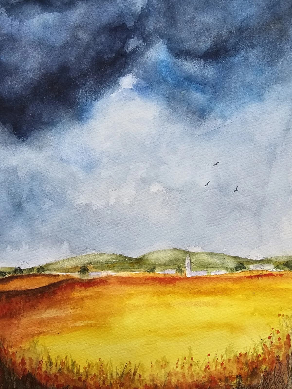 Clouds Wheat Fields Landscape Watercolour Painting Framed thumbnail 2