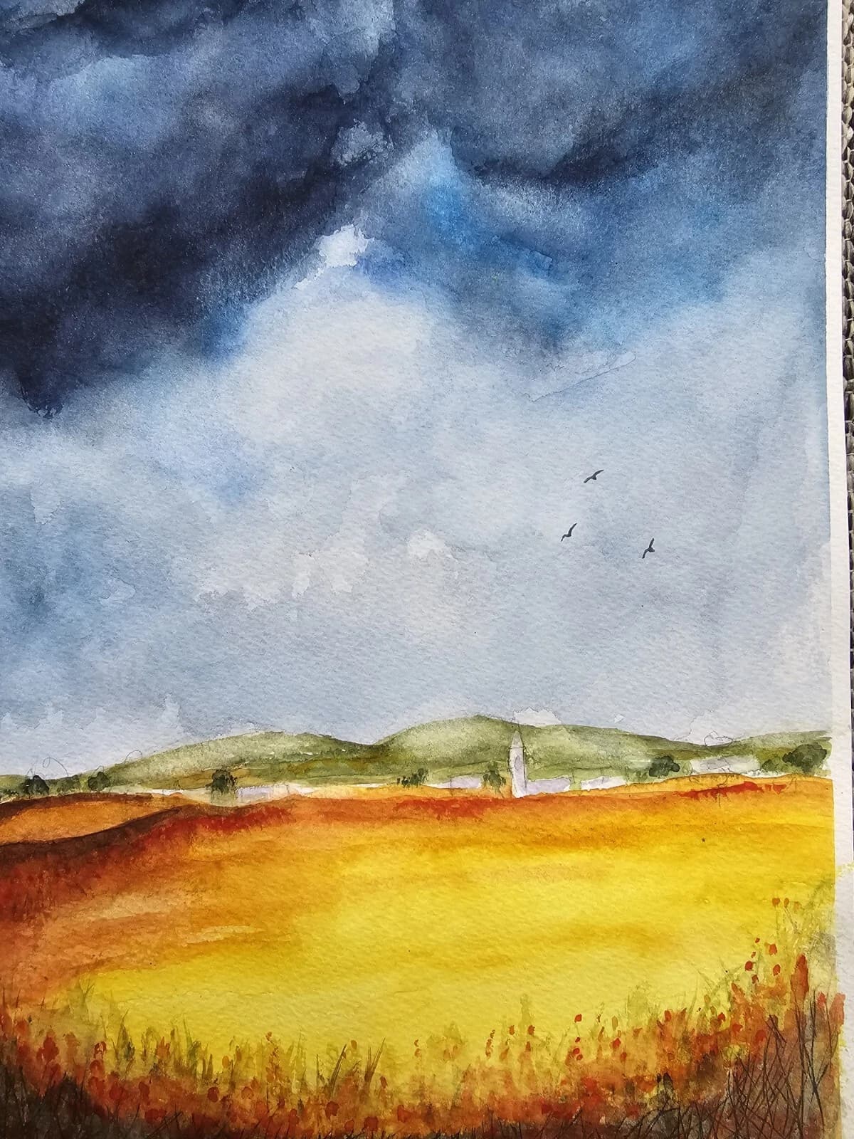 Clouds Wheat Fields Landscape Watercolour Painting Framed thumbnail 3